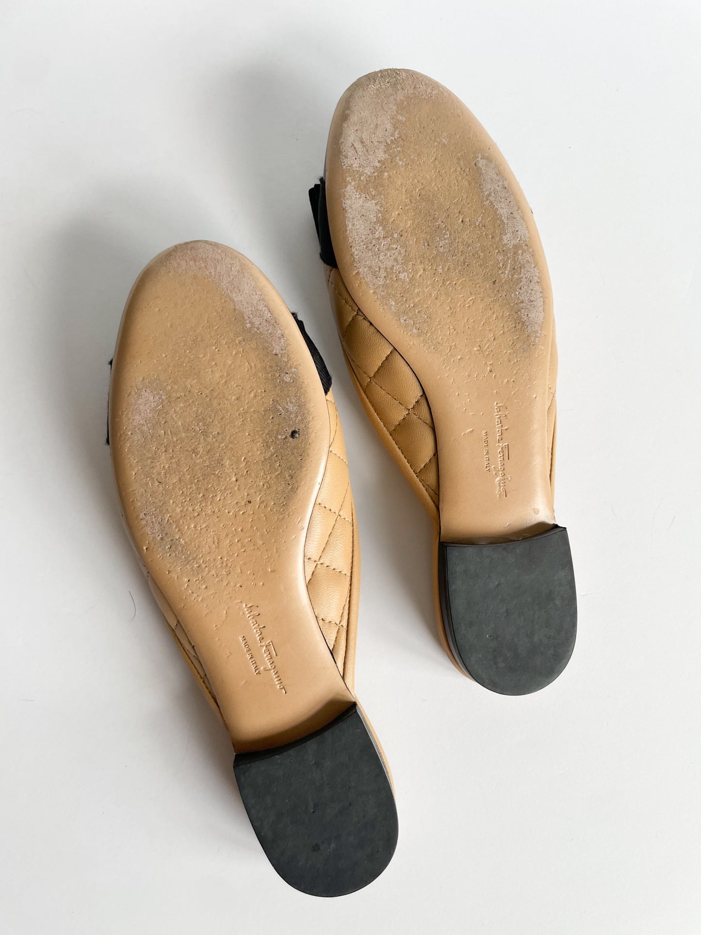 Salvatore Ferragamo Quilted Camel Slider Shoe with Vara Bow - Size 5