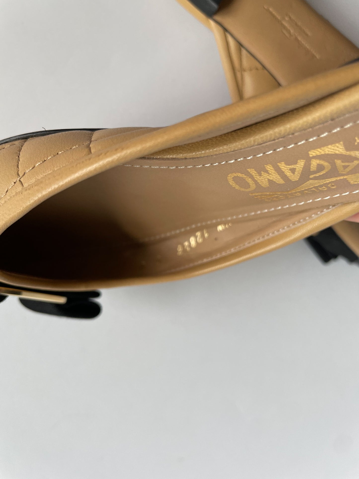 Salvatore Ferragamo Quilted Camel Slider Shoe with Vara Bow - Size 5