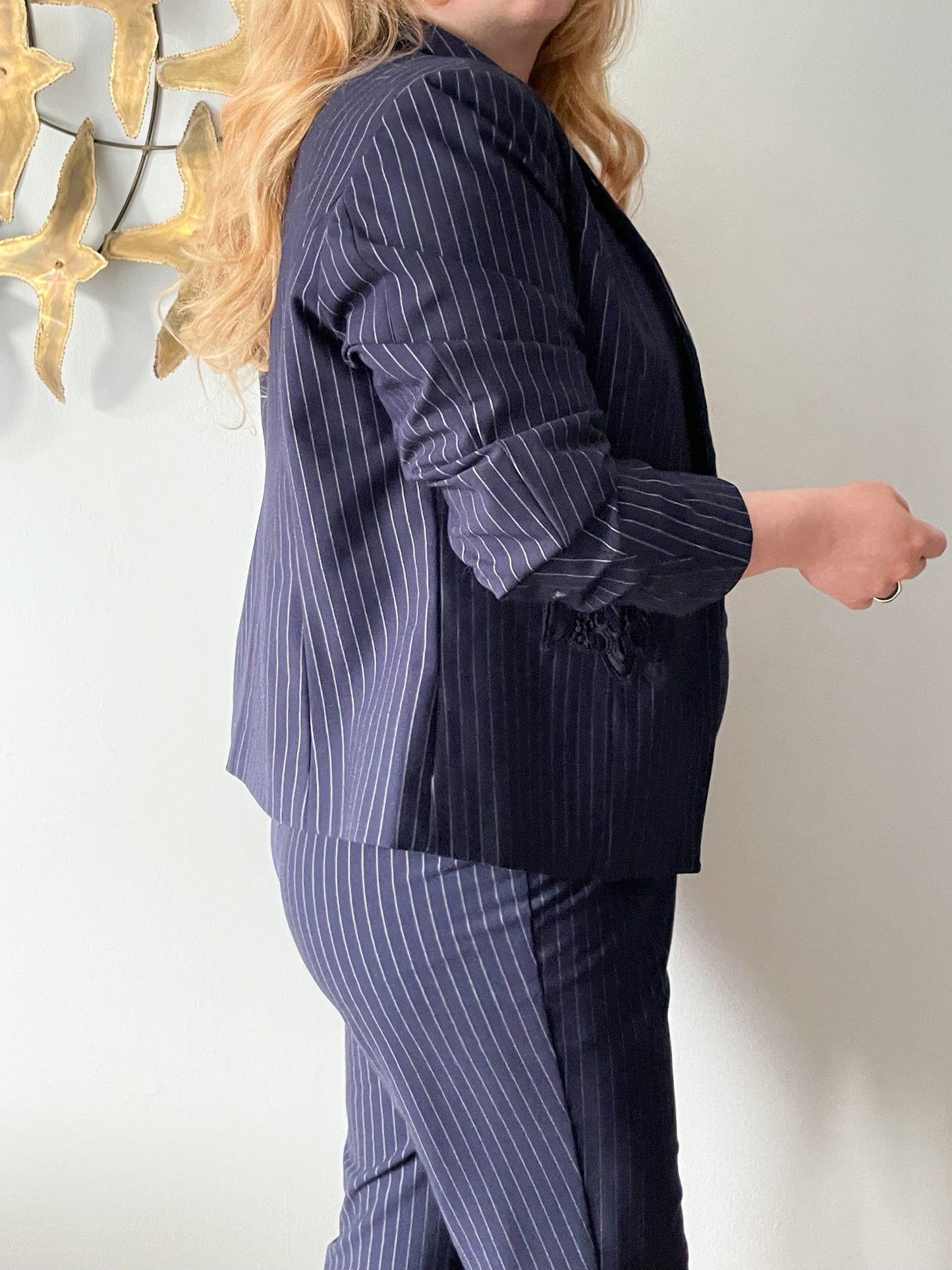 Spanner Navy Pinstripe Lace Trimmed Stretch Blazer NWT - Size 12