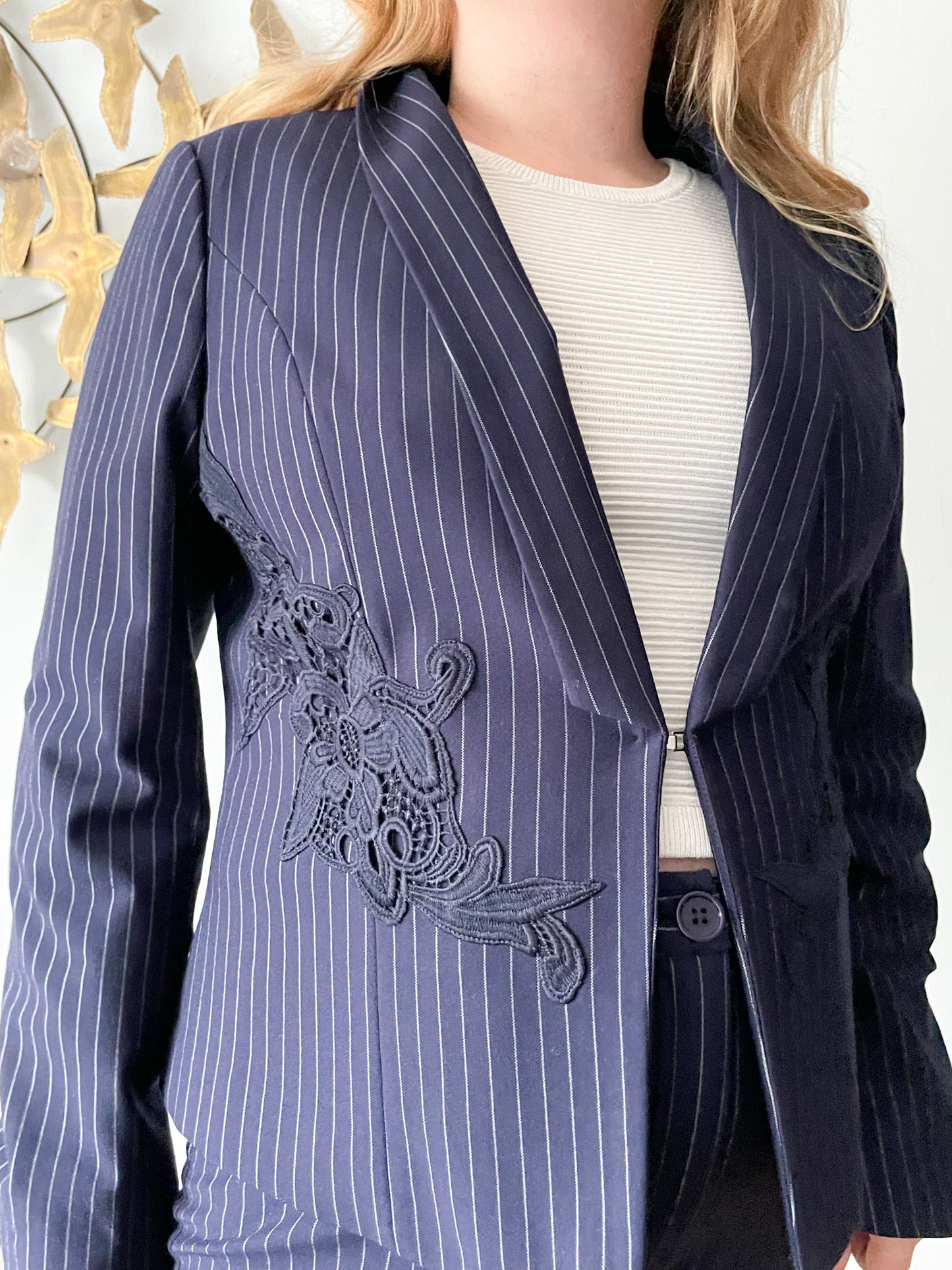 Spanner Navy Pinstripe Lace Trimmed Stretch Blazer NWT - Size 12