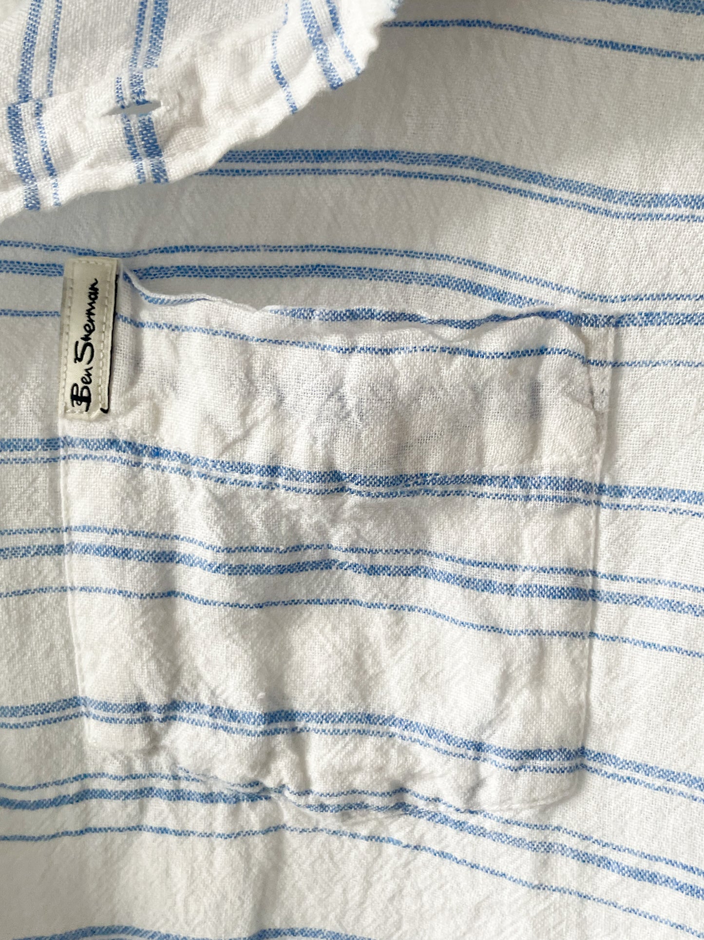 Ben Sherman Linen Blend Blue White Strip Button Front Top - Medium