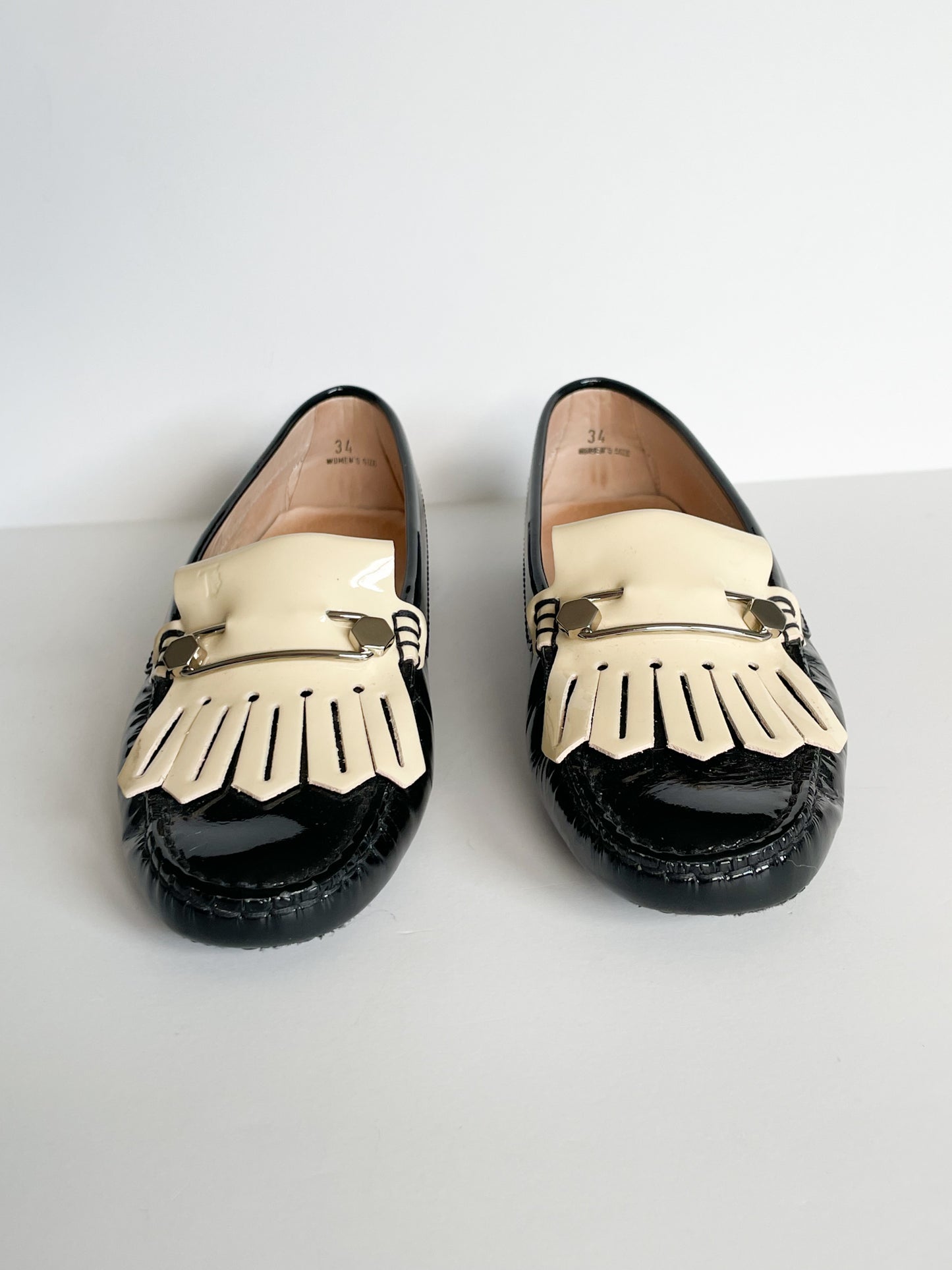 TOD'S Black Cream Fringed Patent Leather Loafers - Size 34