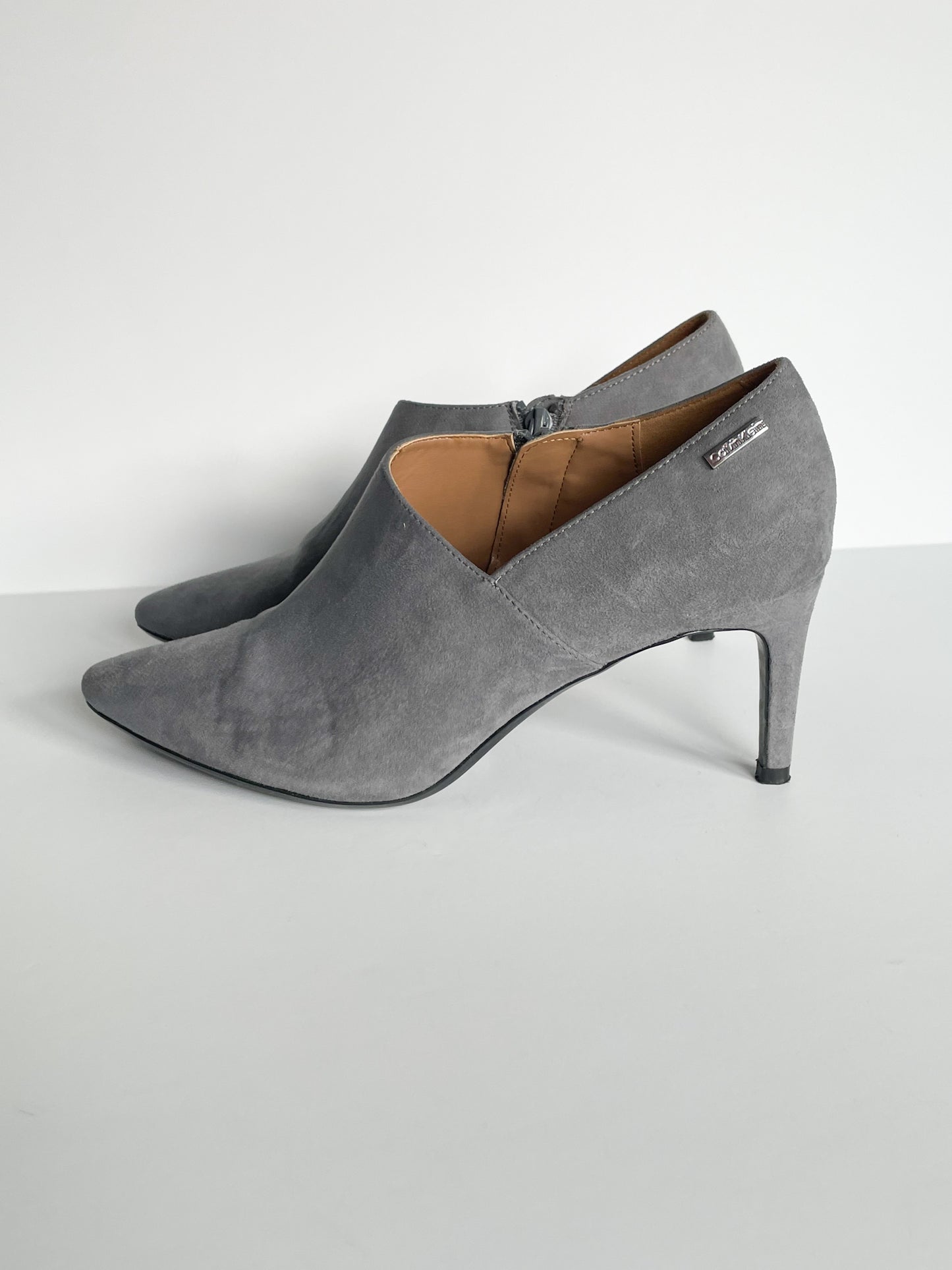 Calvin Klein Grey Faux Suede Pointed Toe Ankle Boot 3.25" Heels - Size 9.5