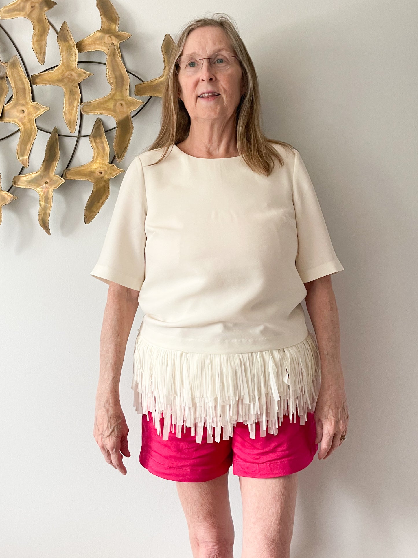Banana Republic White Structured Top with Fringe Hem - S/M