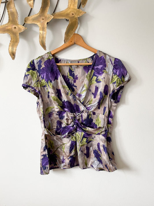 Ann Taylor Dark Purple Floral 100% Silk Wrap Style Top - Size 12 Petite