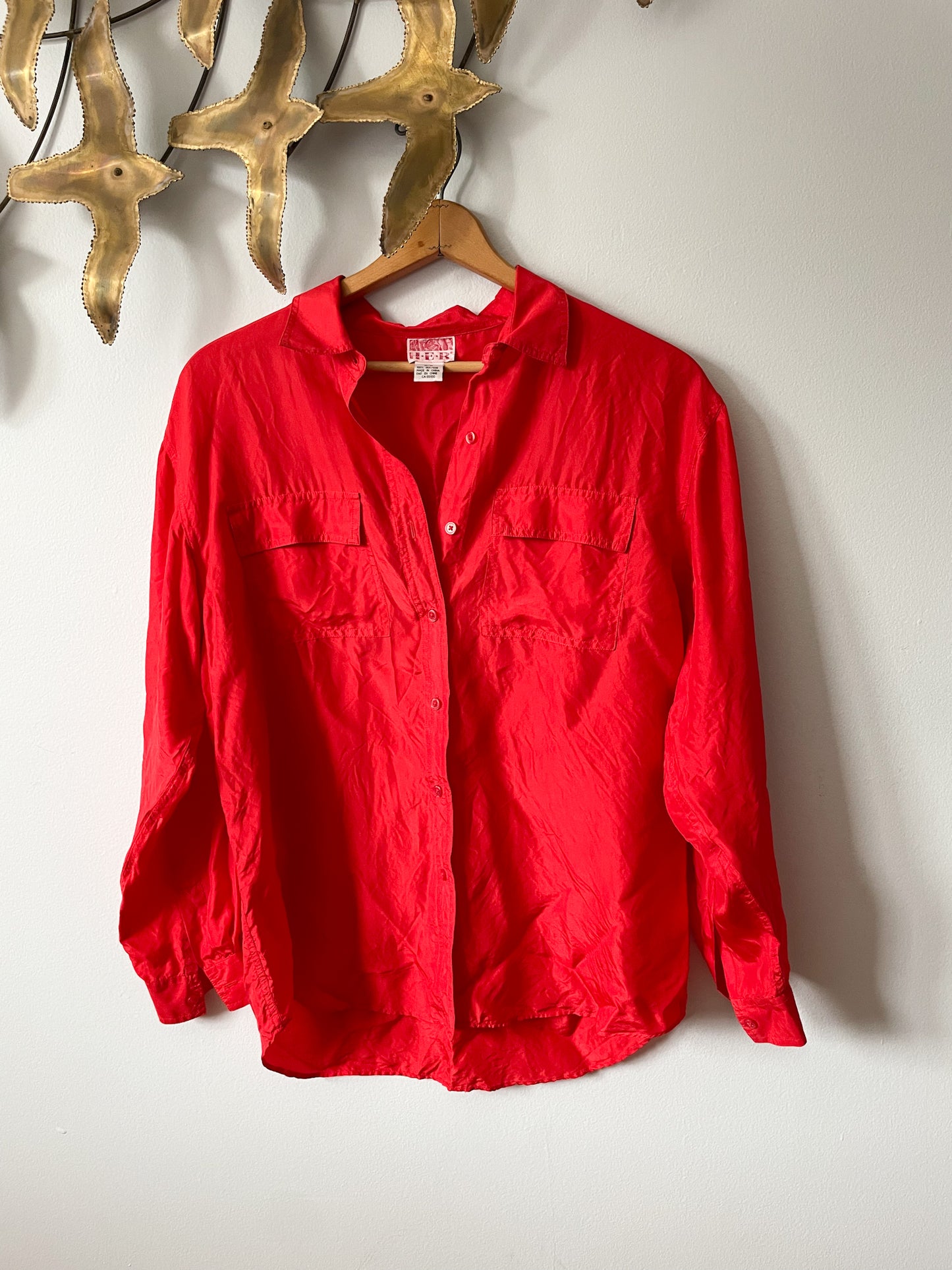 Vintage HER Red 100% Silk Button Down Blouse - Large