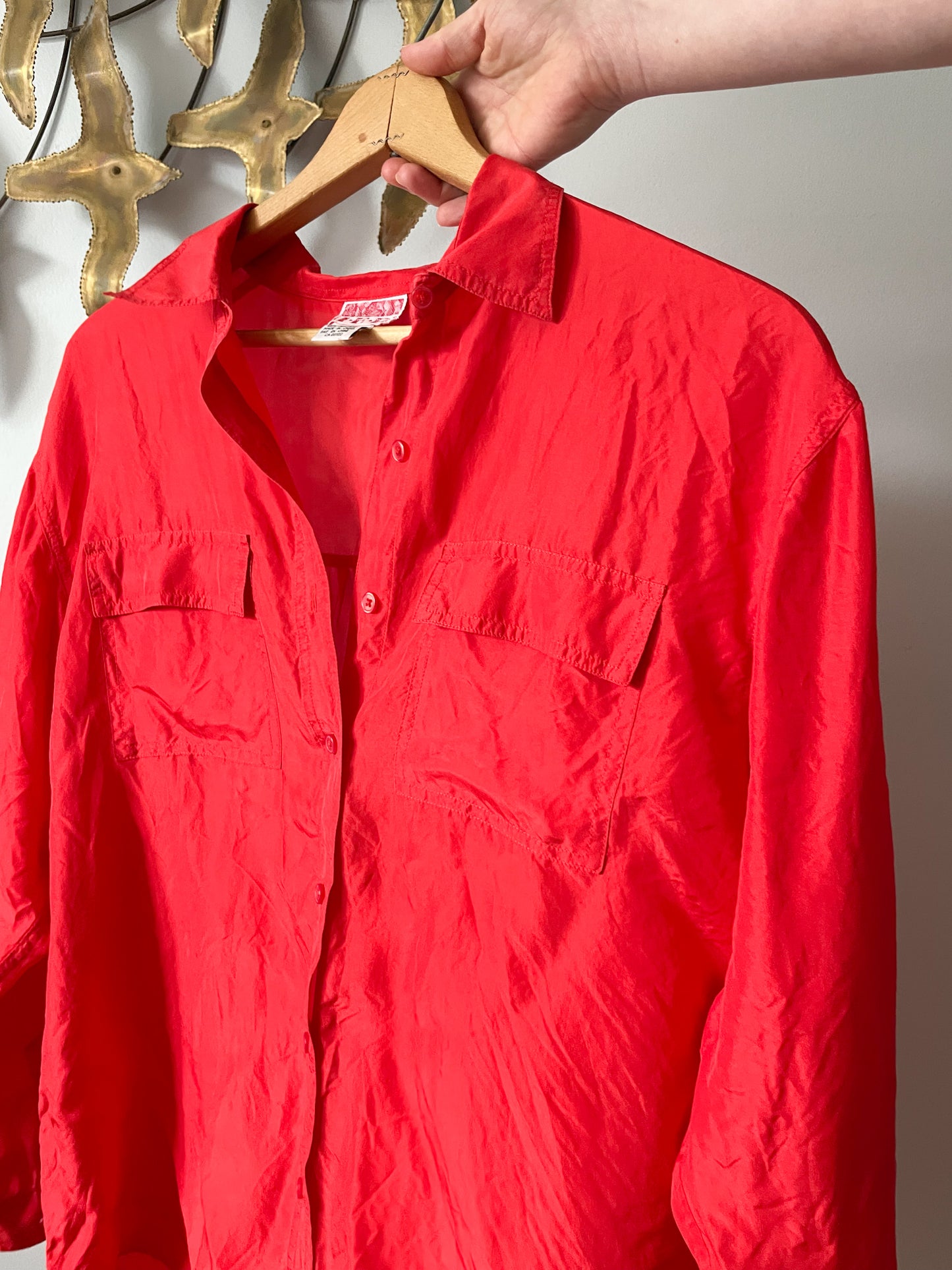 Vintage HER Red 100% Silk Button Down Blouse - Large