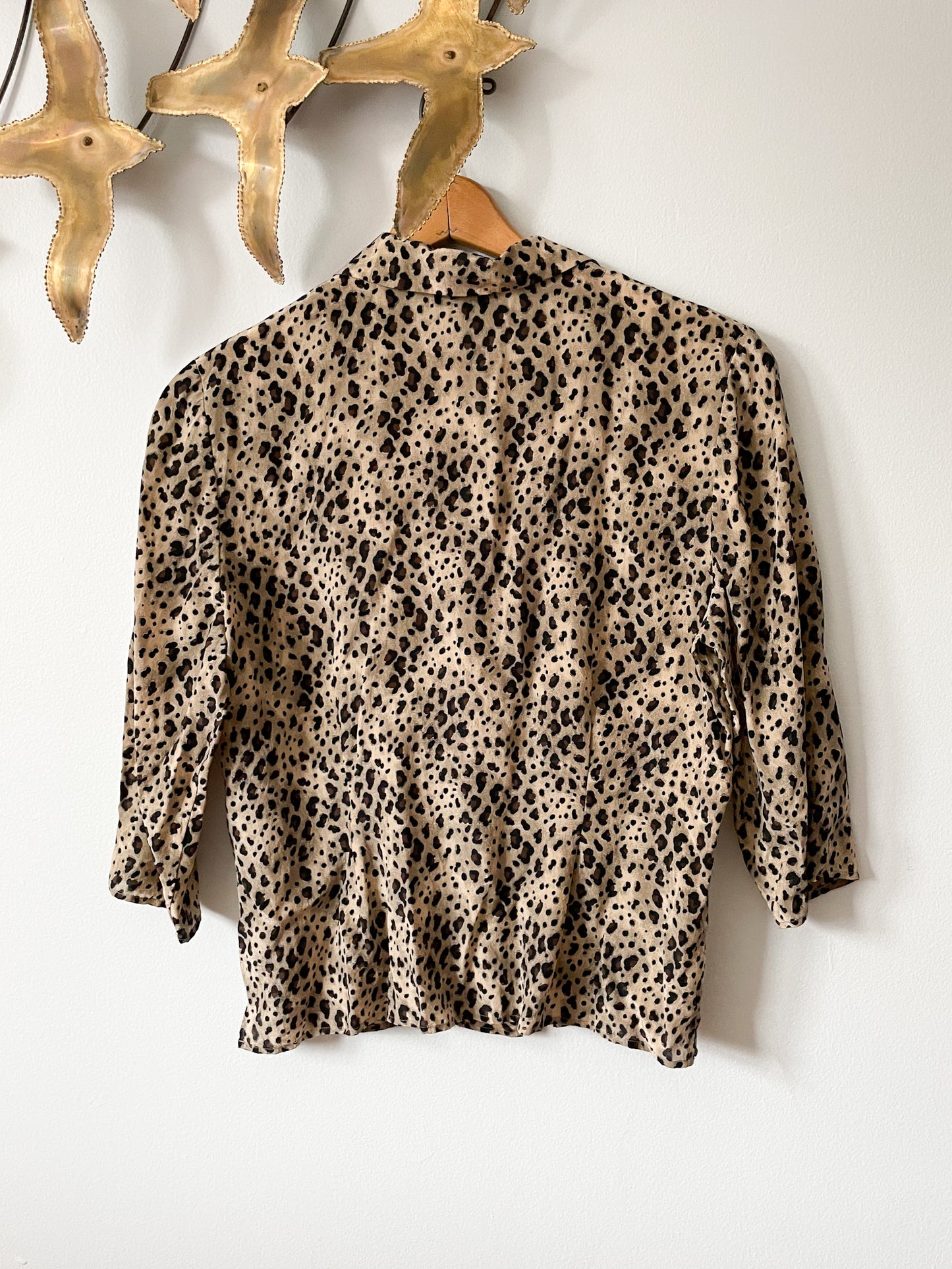 Vintage Robbie Bee Leopard Print 3/4 Sleeve 100% Silk Button Down Top - Large