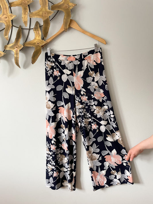 Frank Lyman Navy & Pink Floral Wide Leg High Rise Palazzo Pull On Pants - Size 8