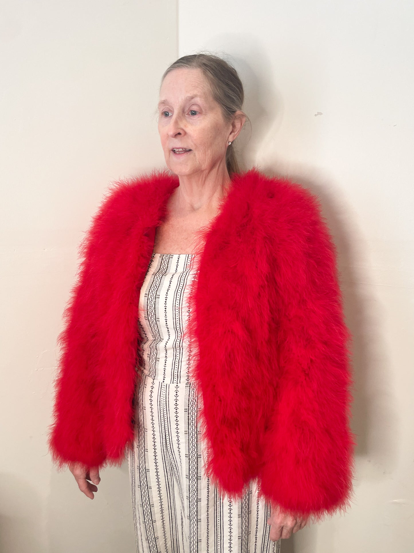 Pello Bello Red Real Feather Fluffy Statement Jacket - Medium (In-Store / Local KW Exclusive)