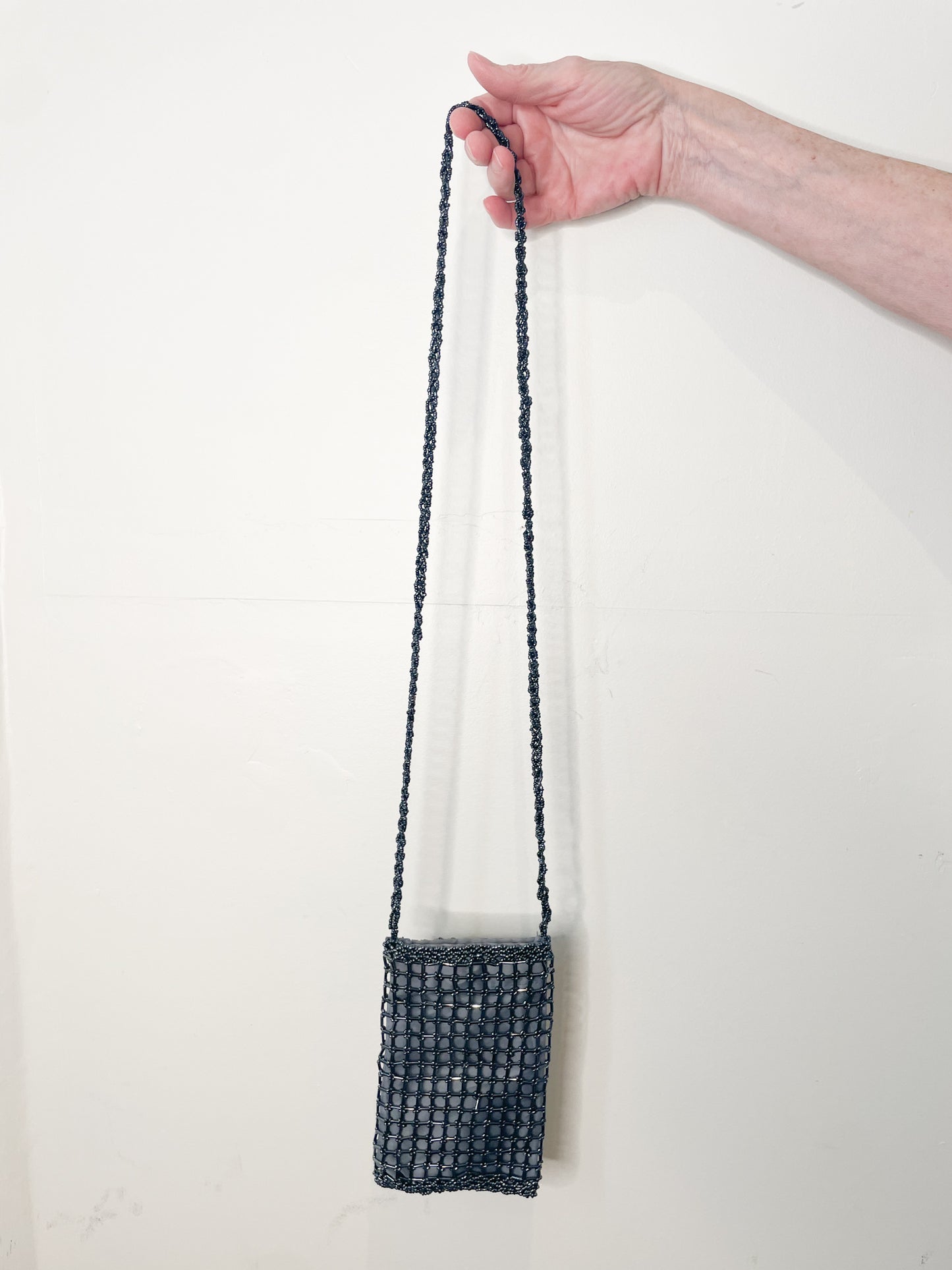 Slate Blue Grey Beaded Satin Long Strap Evening Bag