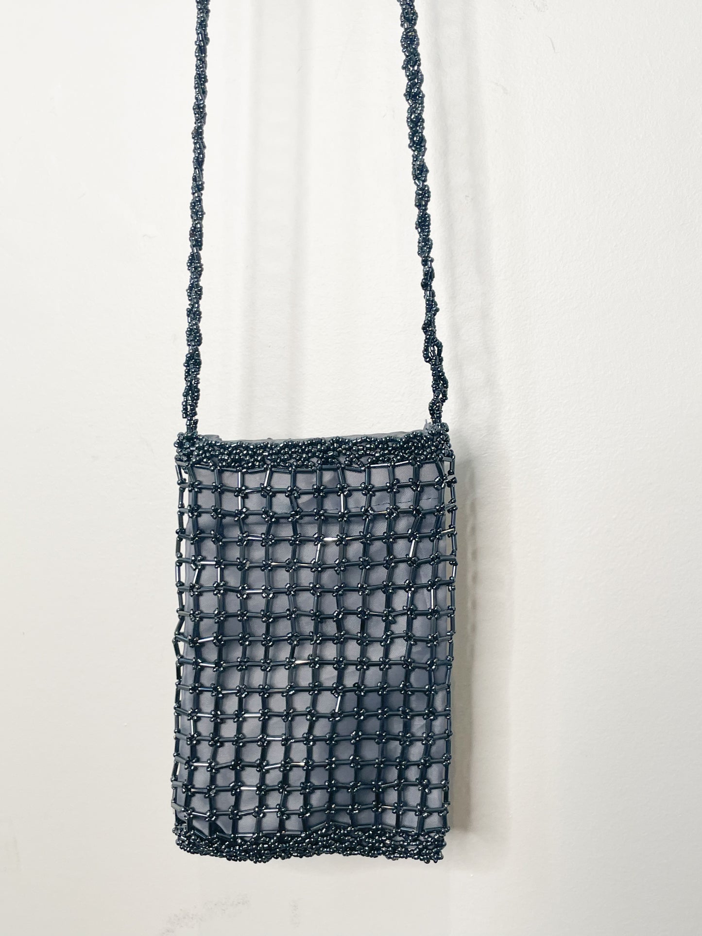 Slate Blue Grey Beaded Satin Long Strap Evening Bag