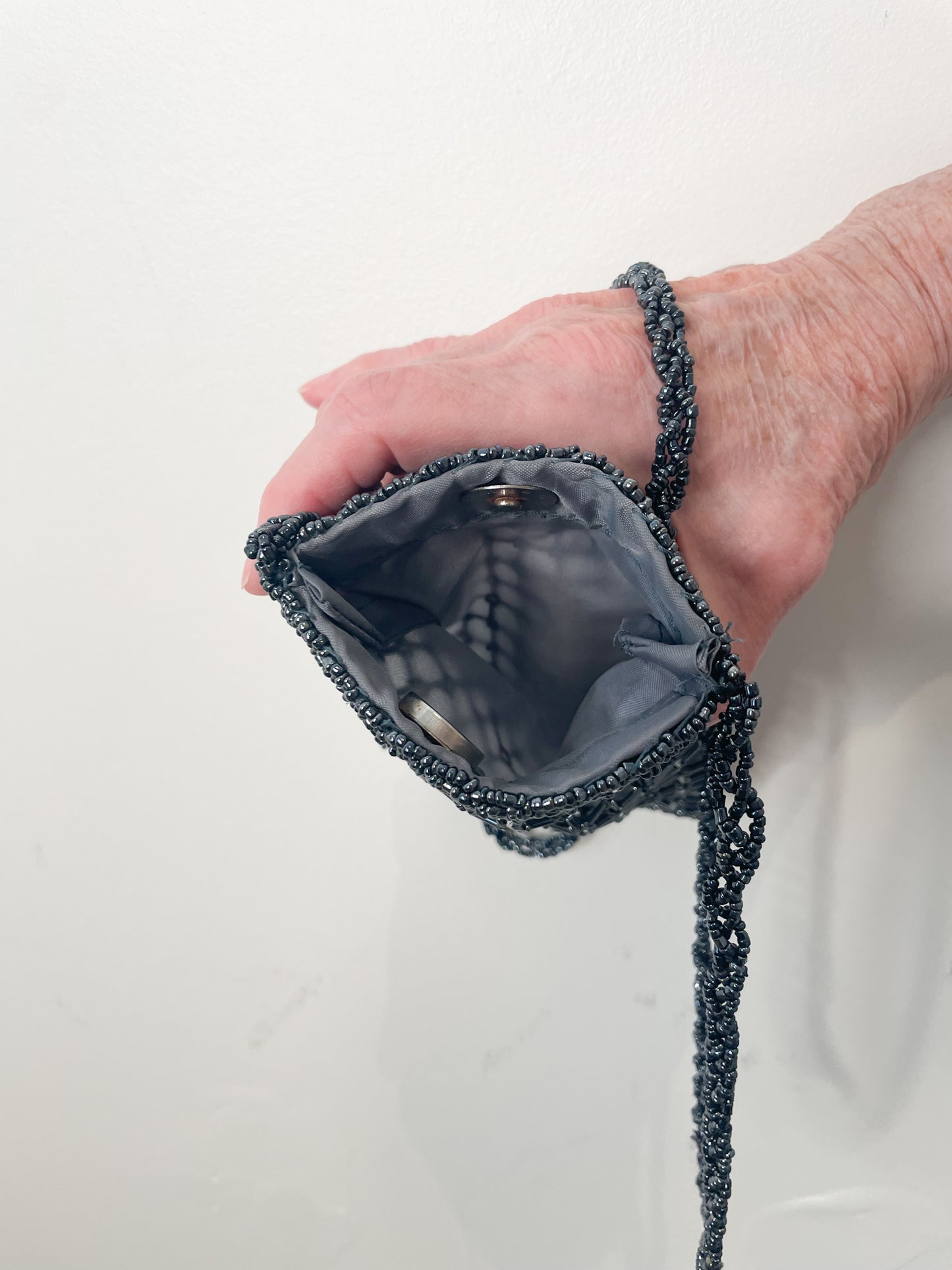 Slate Blue Grey Beaded Satin Long Strap Evening Bag