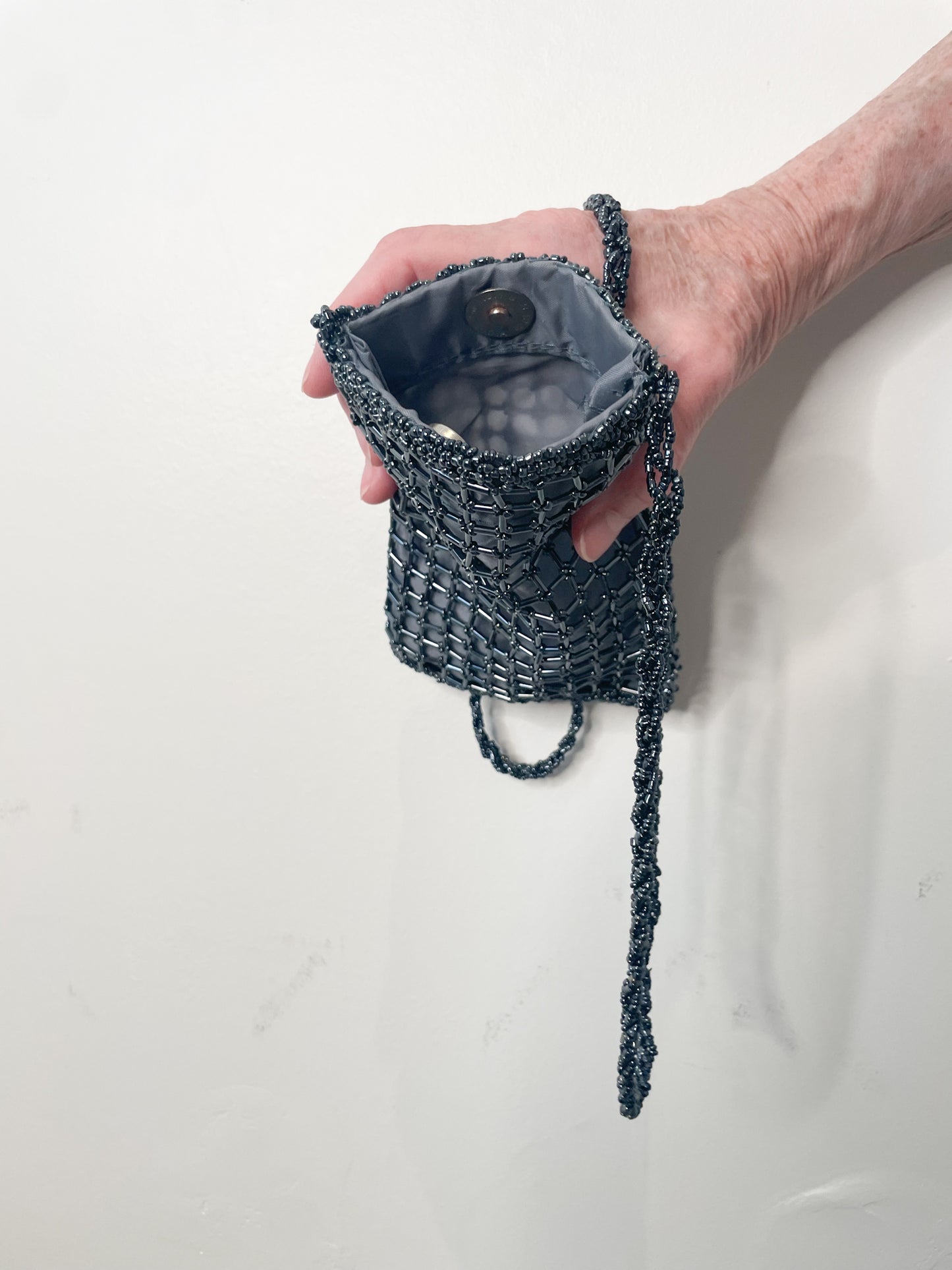 Slate Blue Grey Beaded Satin Long Strap Evening Bag