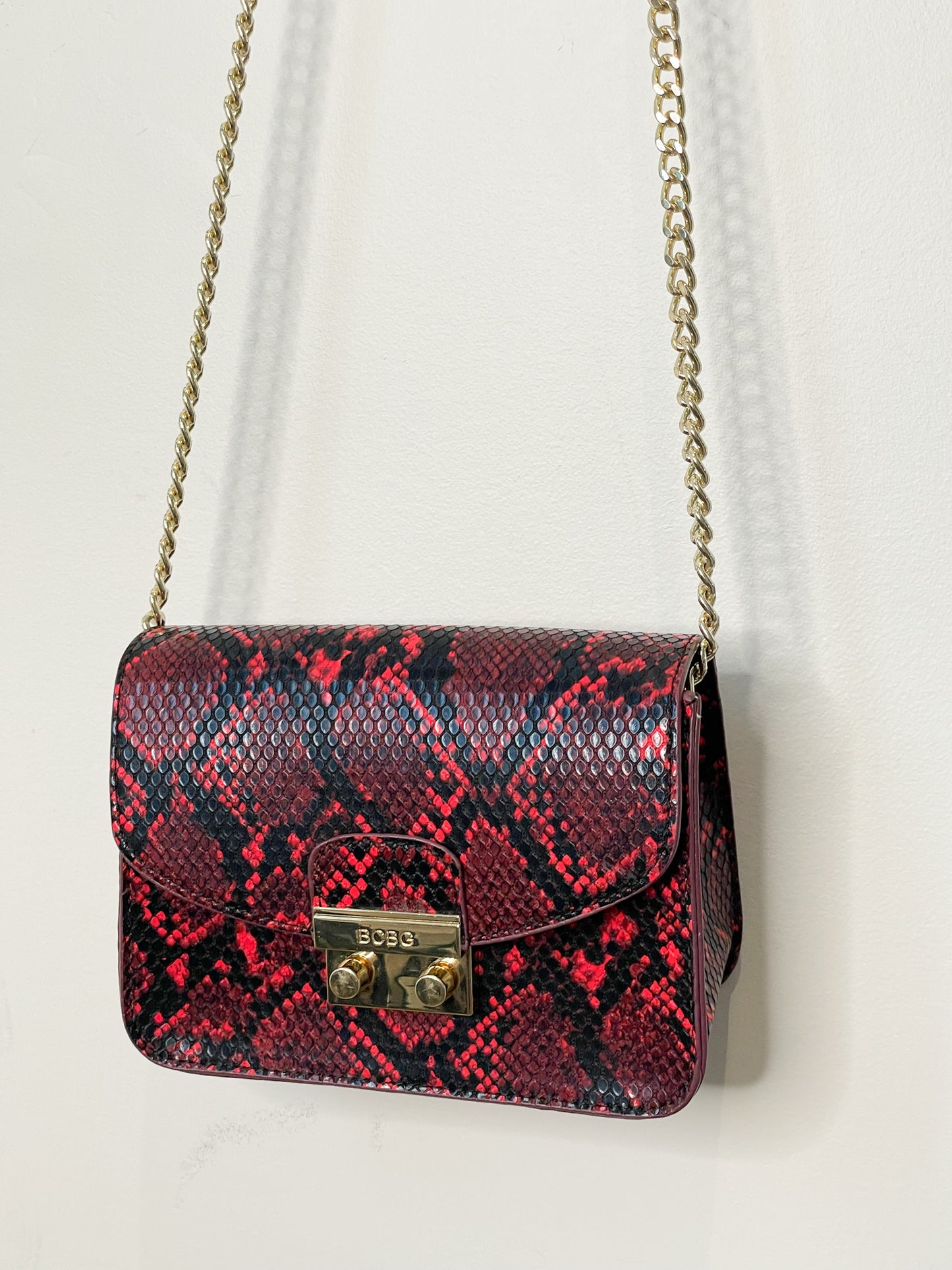 BCBG Red Snakeskin Gold Chain Strap Purse