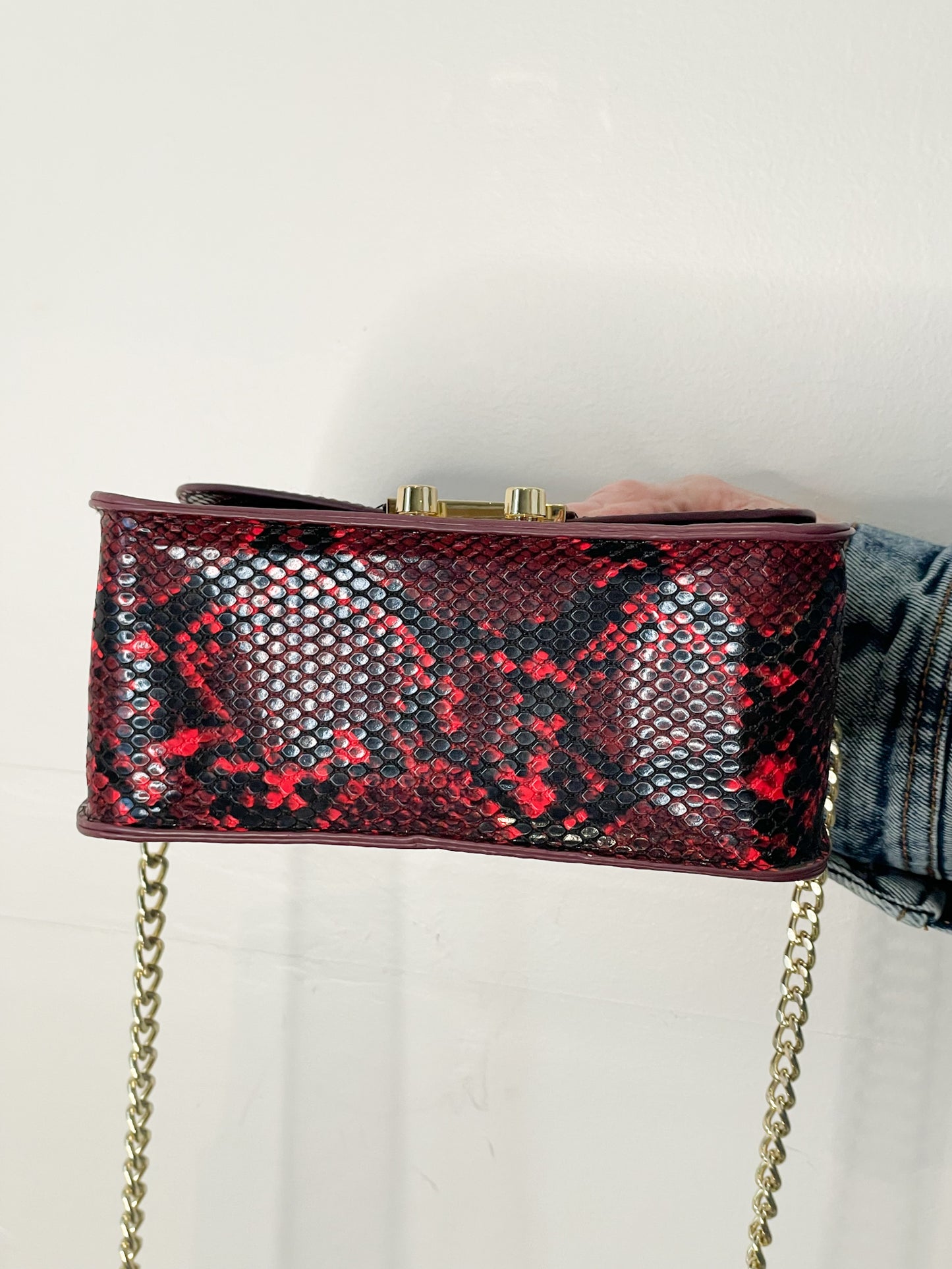 BCBG Red Snakeskin Gold Chain Strap Purse