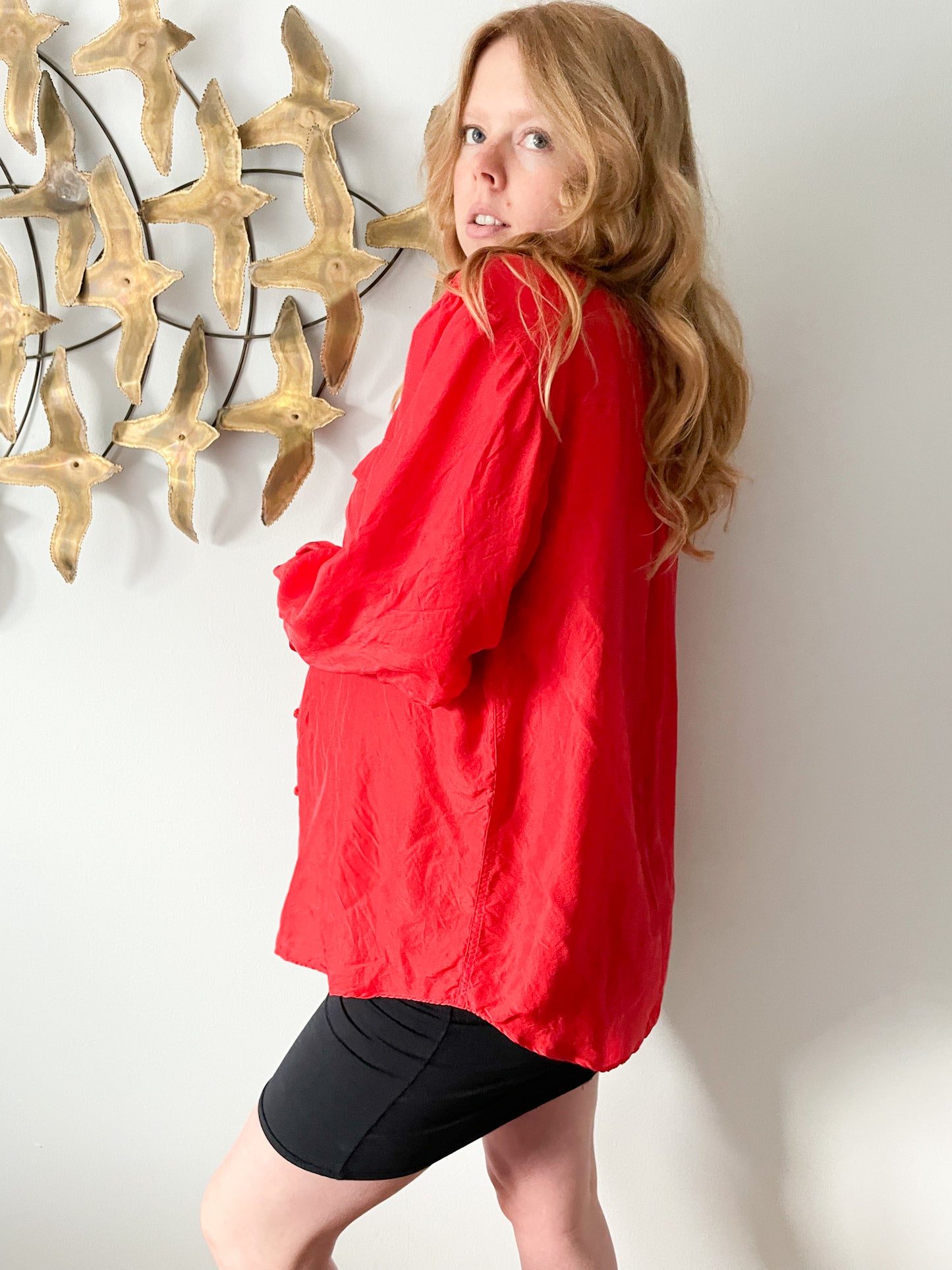 Vintage HER Red 100% Silk Button Down Blouse - Large