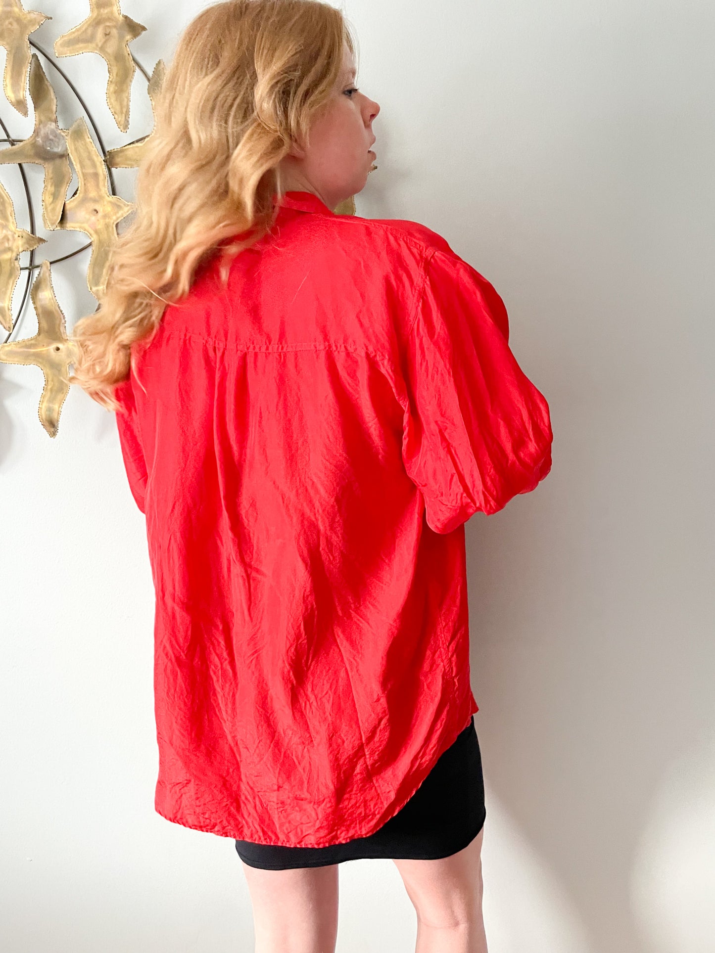 Vintage HER Red 100% Silk Button Down Blouse - Large