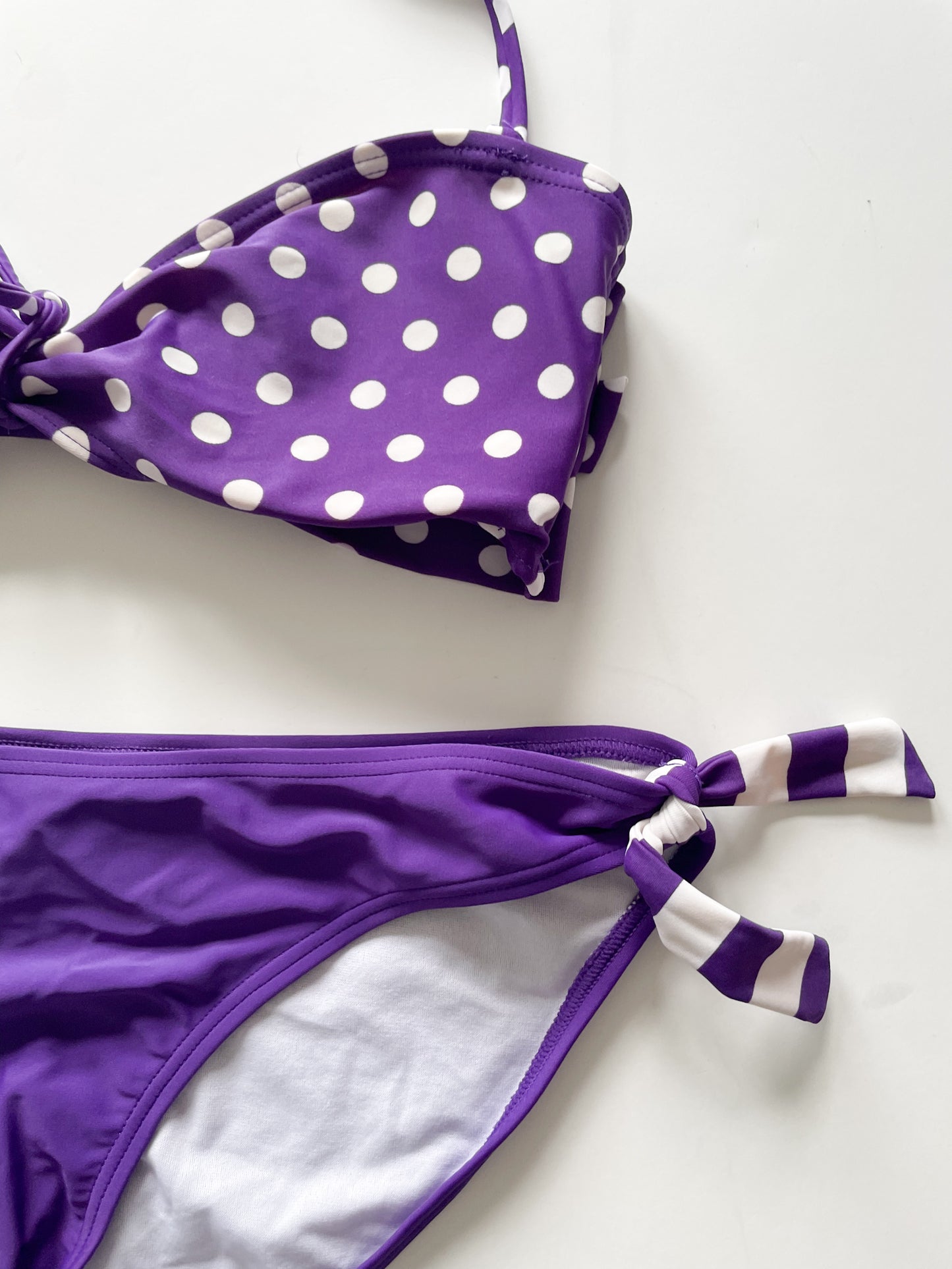 South Coast Purple White Polkadot Stripe Bandeau Bikini 2-Piece Set - Large