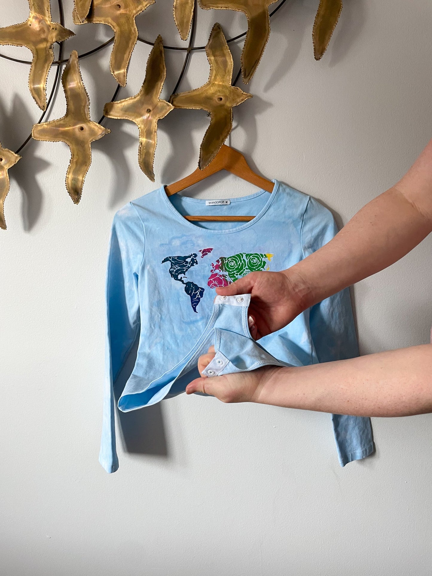 Upcycled Mangopop Light Blue Watercolour Map Long Sleeve Bodysuit - Medium