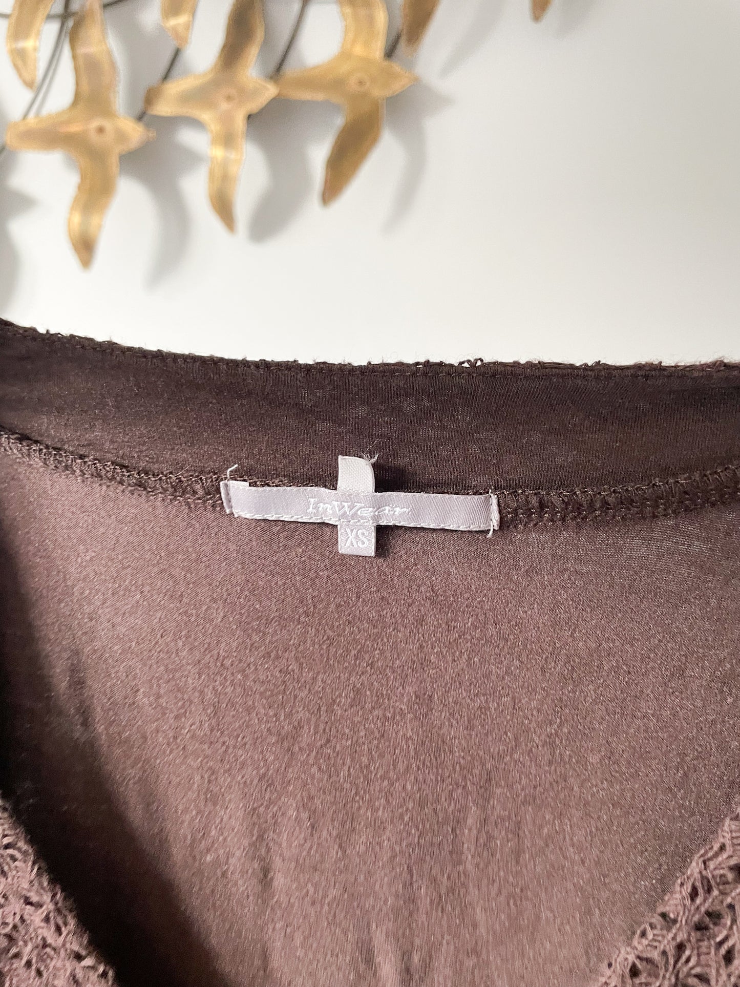 In Wear Brown Crochet V-Neck Empire Waist Balloon Sleeve Jersey Top - XS/S