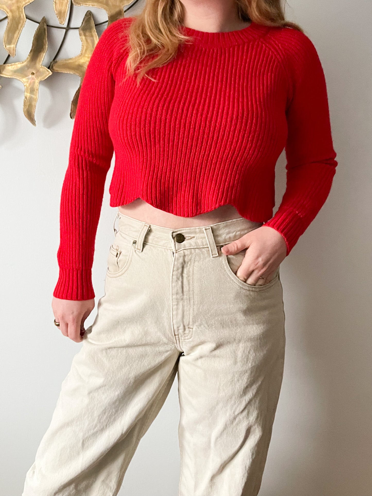 Wilfred Sardou Red Knit Scalloped Cropped 100% Wool Crew-Neck Sweater - S/M