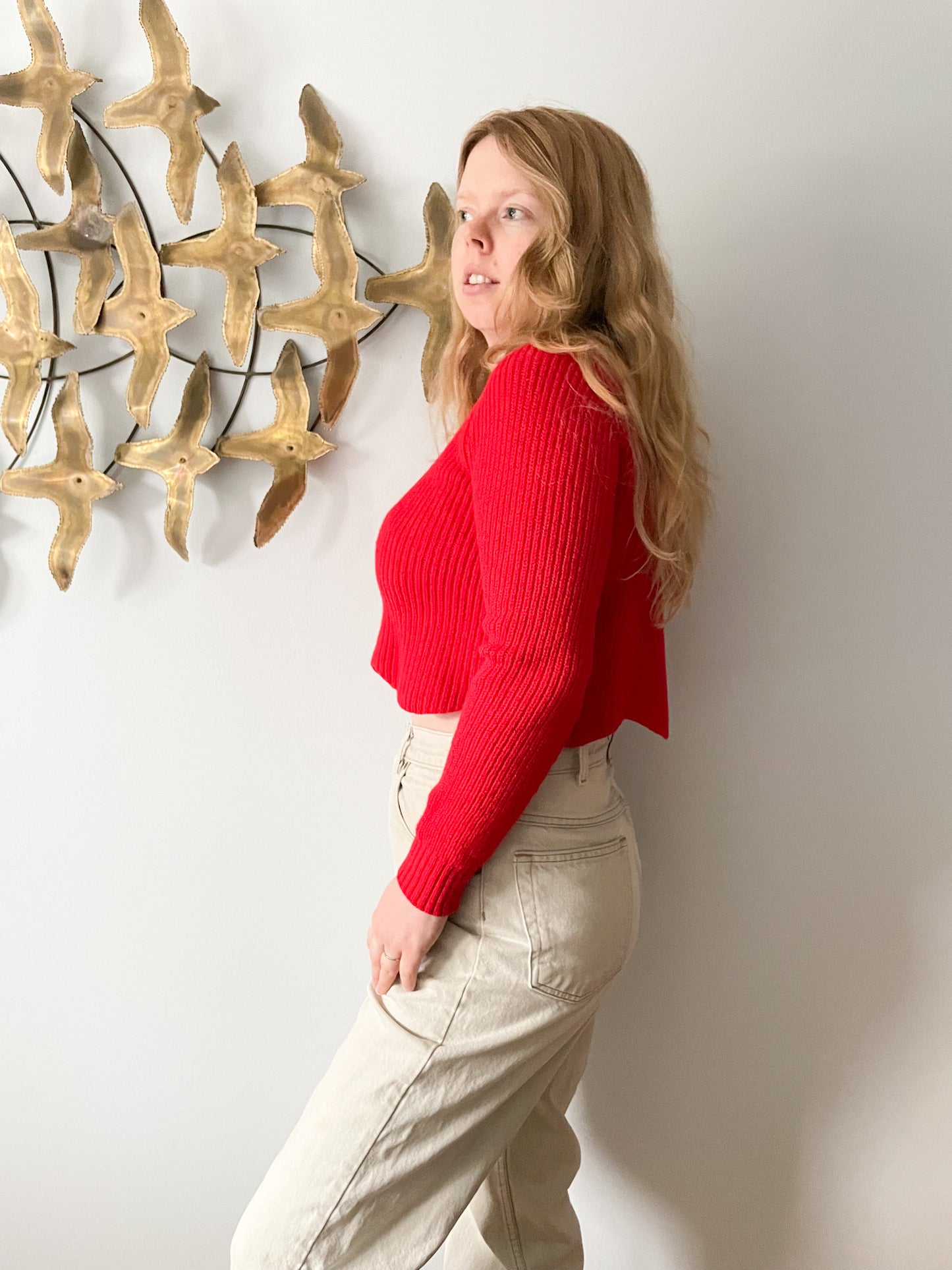 Wilfred Sardou Red Knit Scalloped Cropped 100% Wool Crew-Neck Sweater - S/M