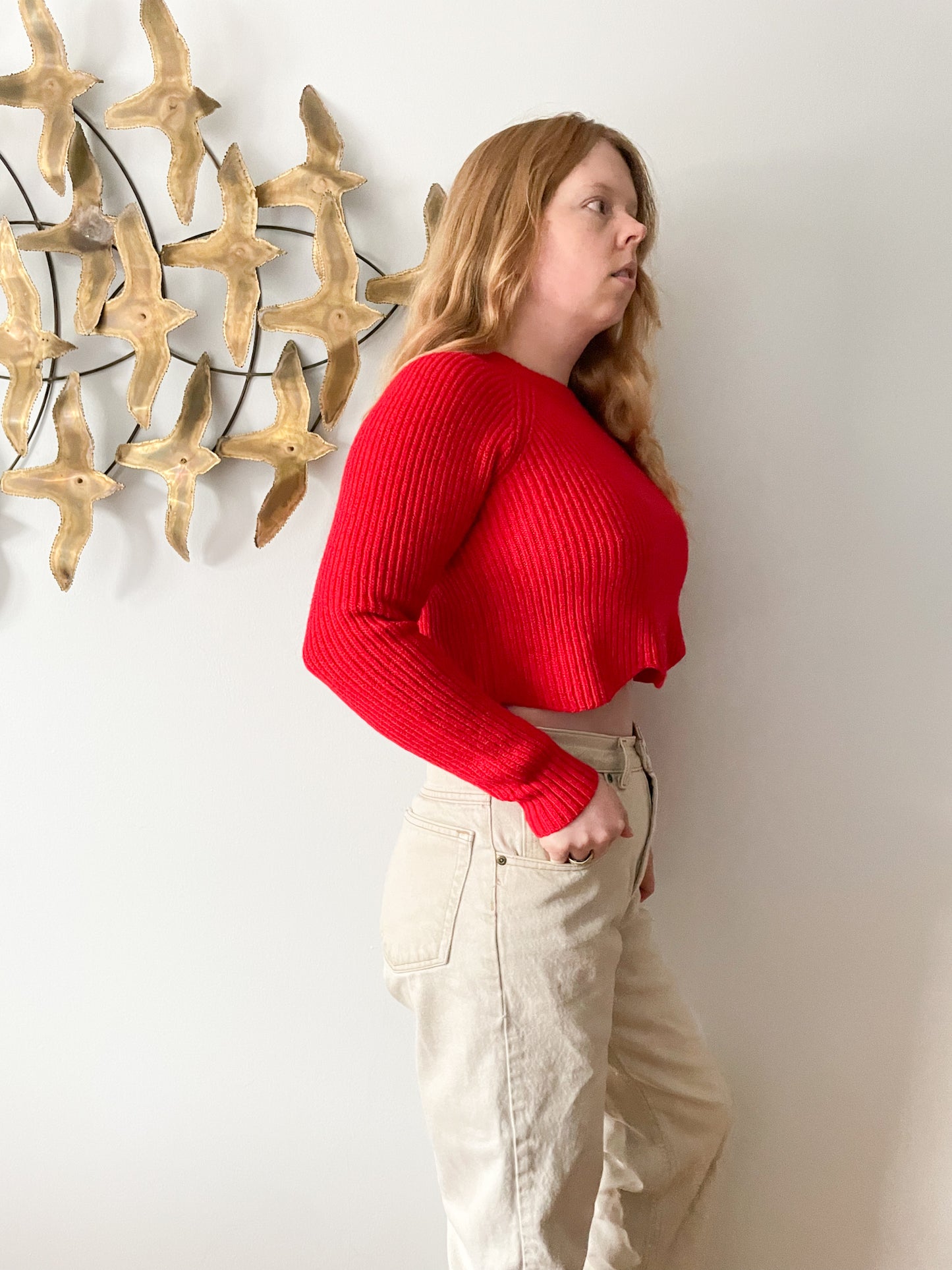 Wilfred Sardou Red Knit Scalloped Cropped 100% Wool Crew-Neck Sweater - S/M