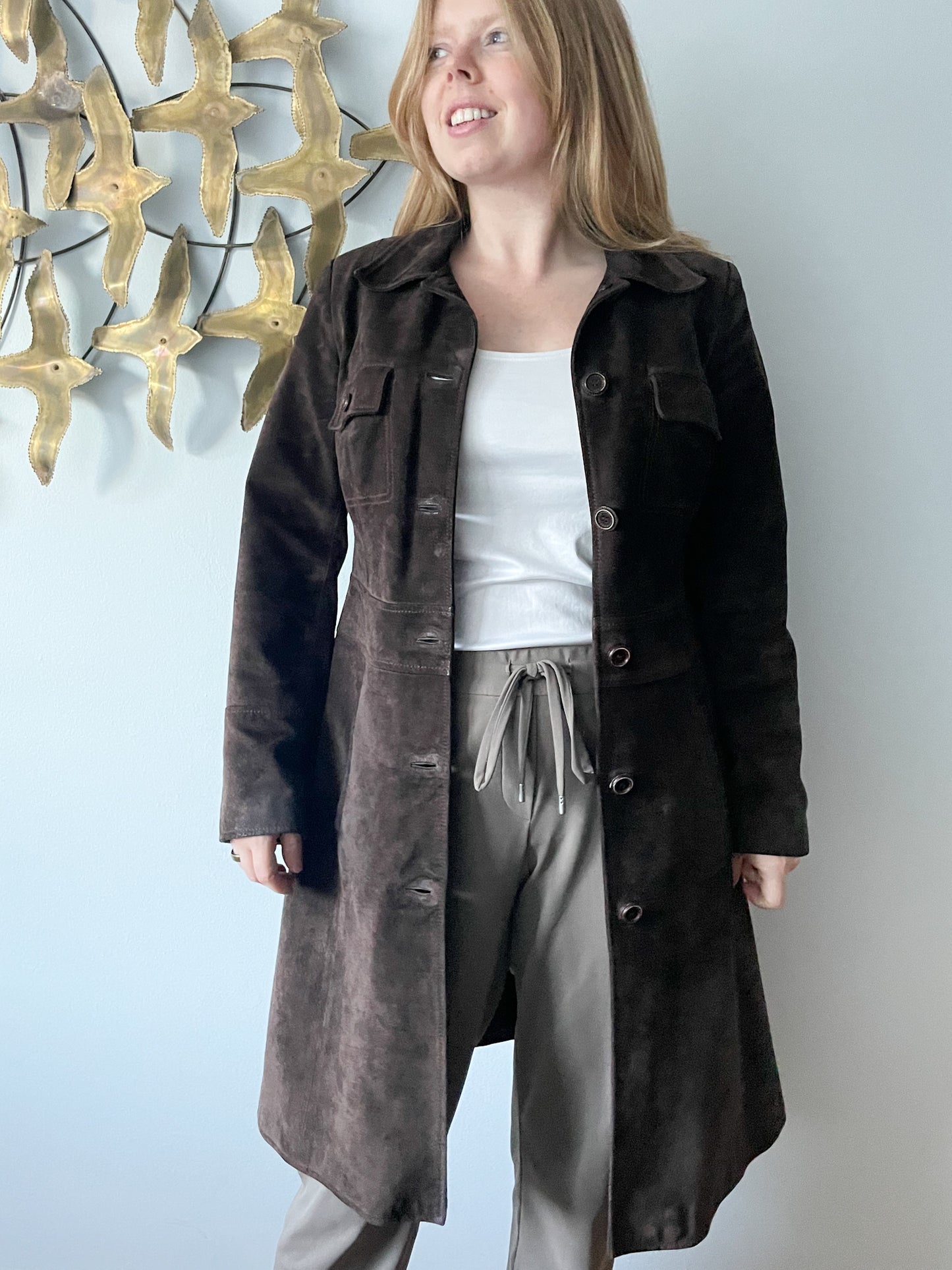 M&S Chocolate Brown Genuine Suede Mid Length Jacket - S/M