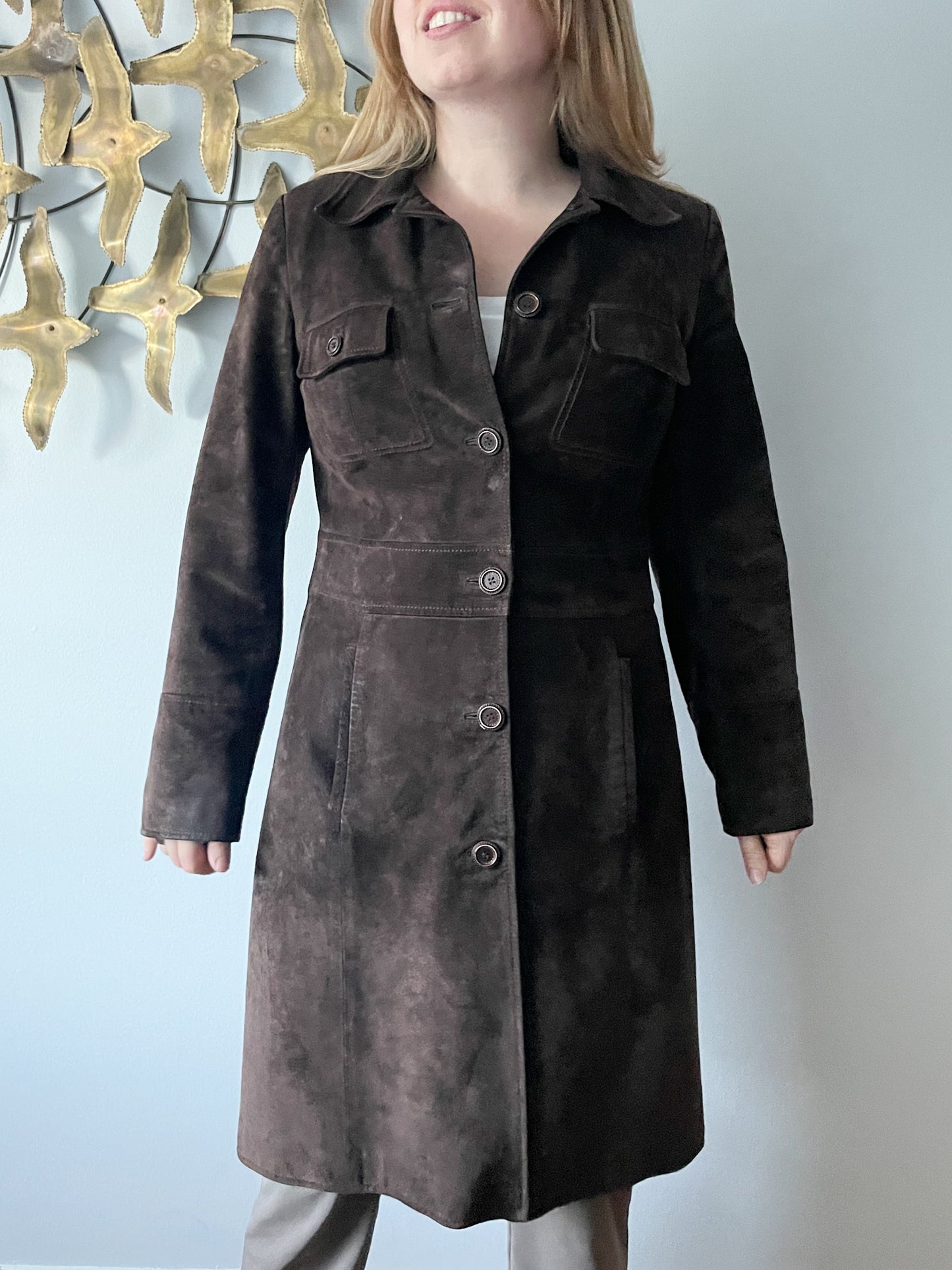 M&S Chocolate Brown Genuine Suede Mid Length Jacket - S/M