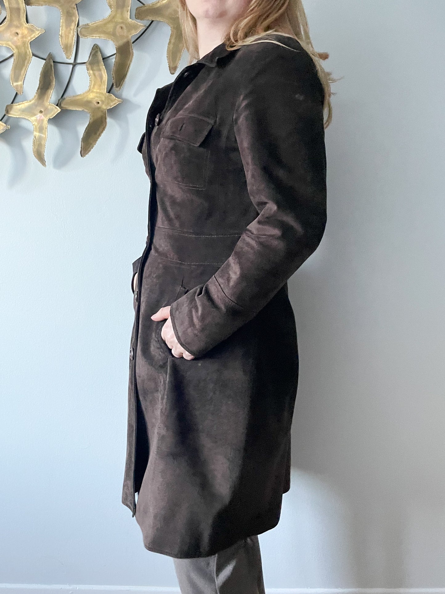 M&S Chocolate Brown Genuine Suede Mid Length Jacket - S/M