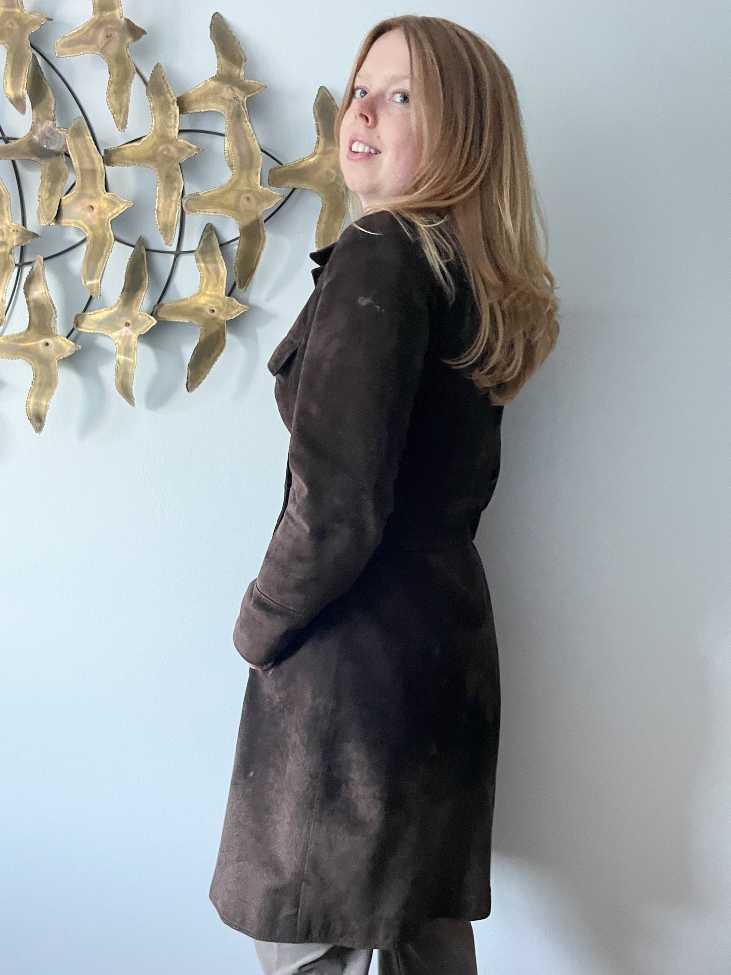 M&S Chocolate Brown Genuine Suede Mid Length Jacket - S/M