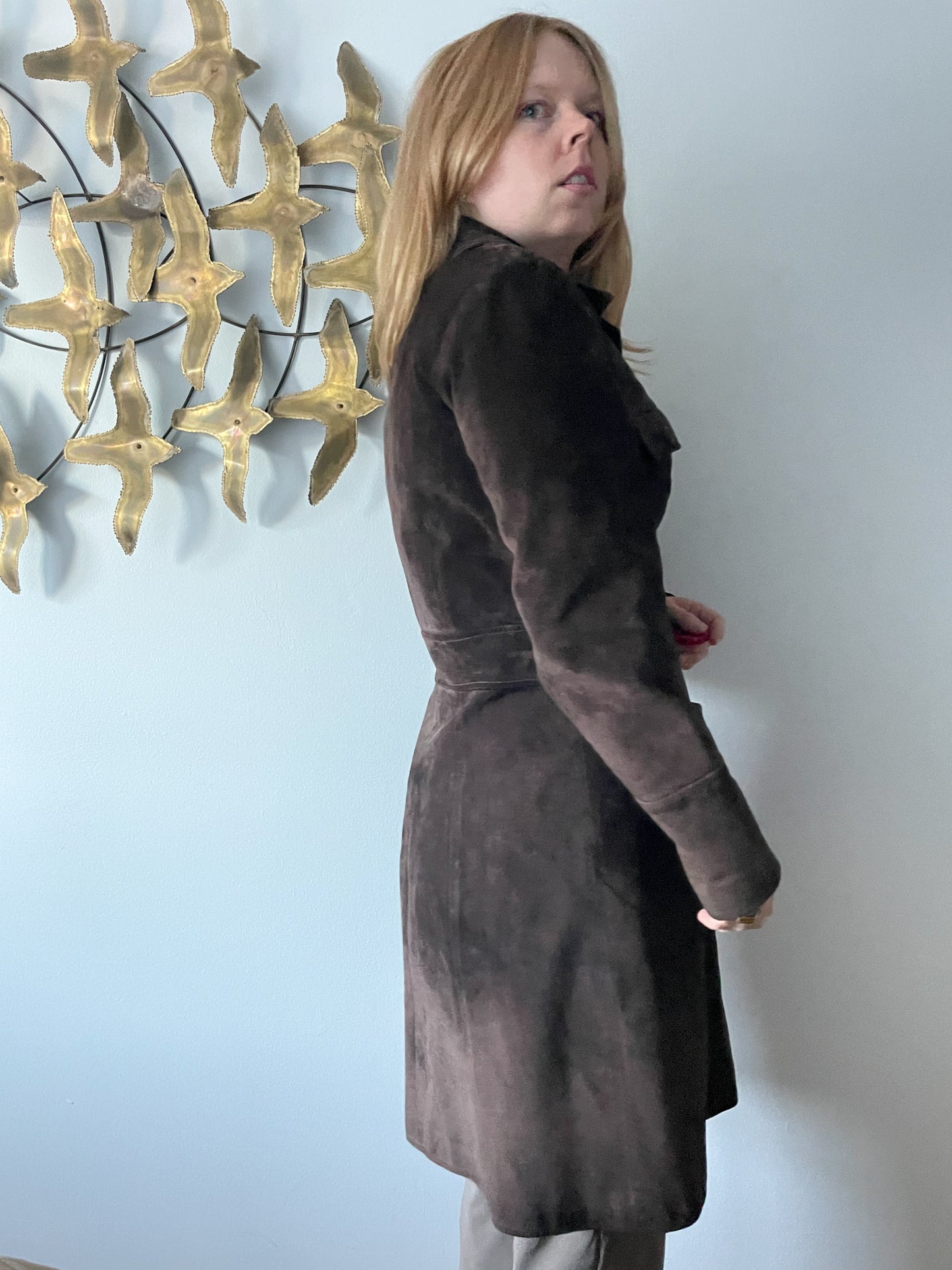 M&S Chocolate Brown Genuine Suede Mid Length Jacket - S/M