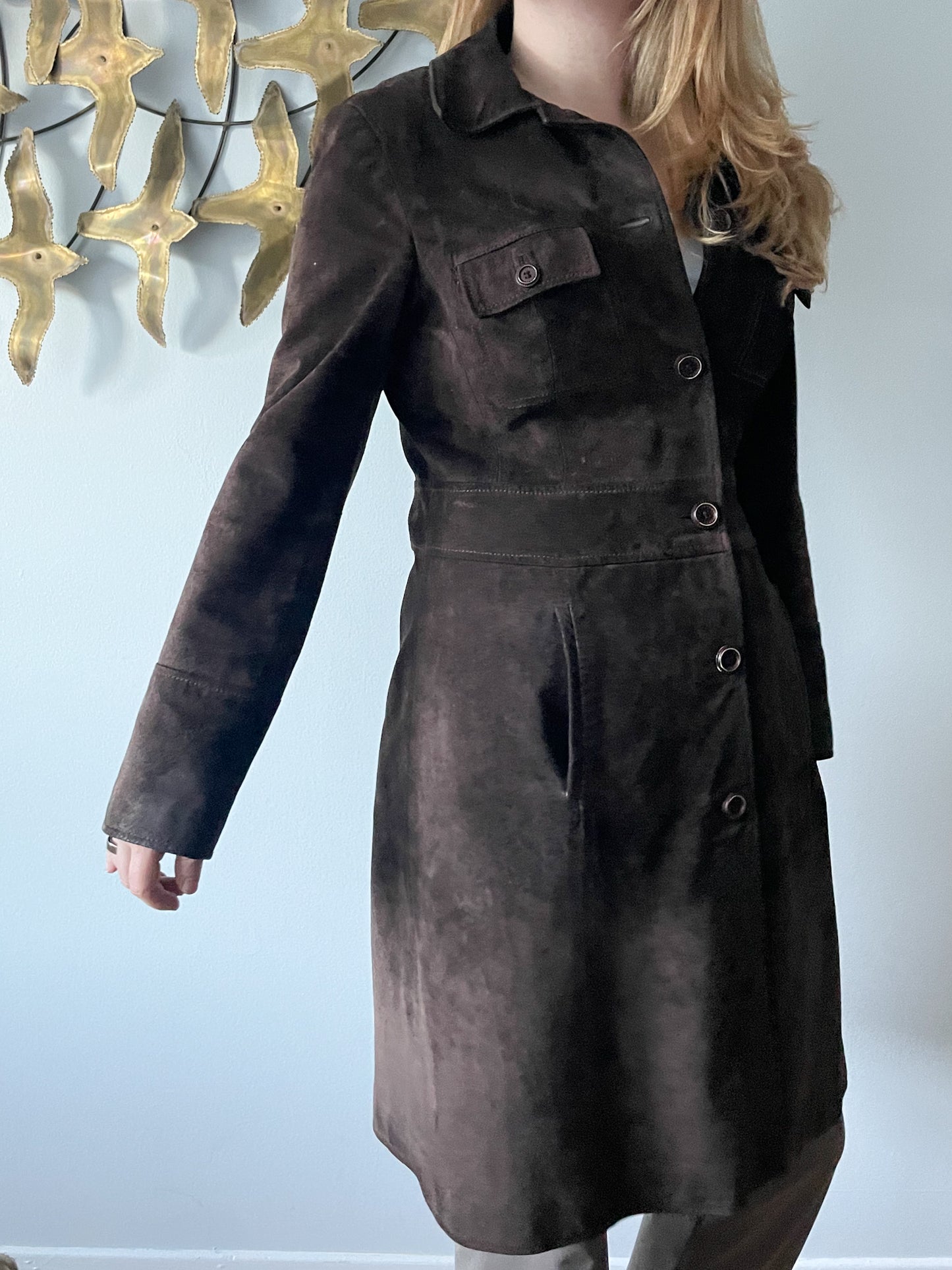 M&S Chocolate Brown Genuine Suede Mid Length Jacket - S/M