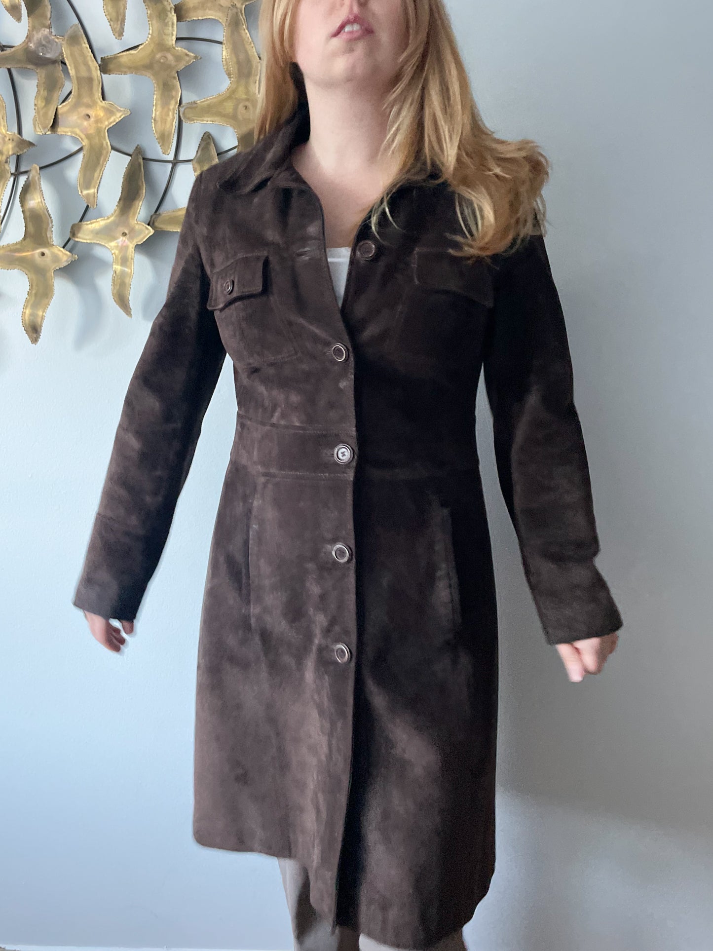 M&S Chocolate Brown Genuine Suede Mid Length Jacket - S/M