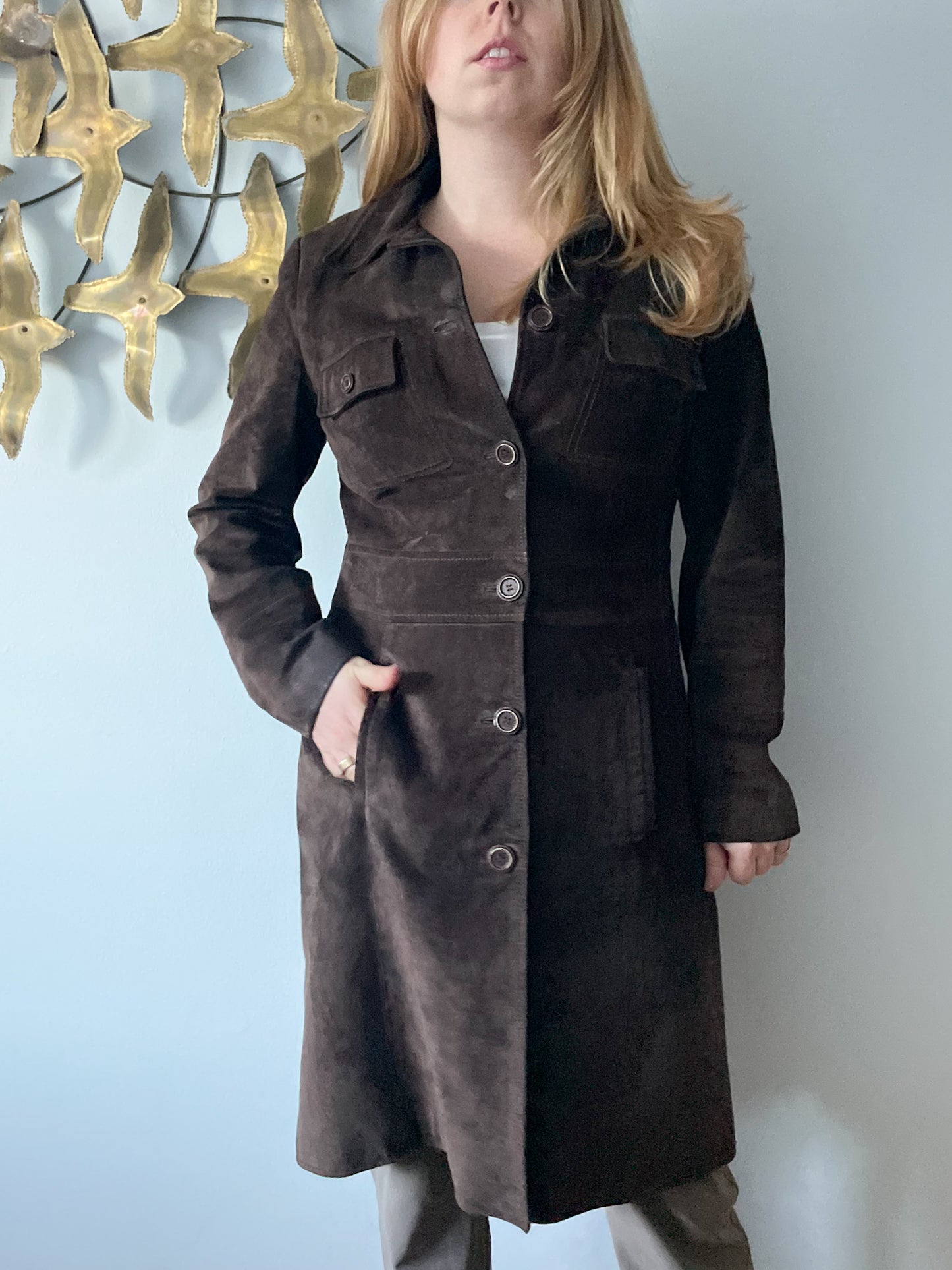 M&S Chocolate Brown Genuine Suede Mid Length Jacket - S/M