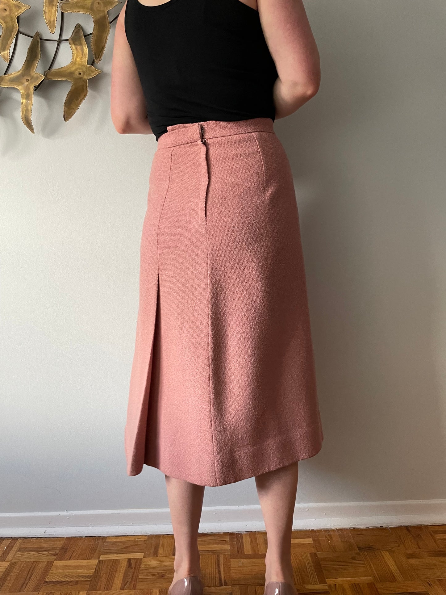 Vintage Soft Pink Woven A-Line Midi Skirt - Small