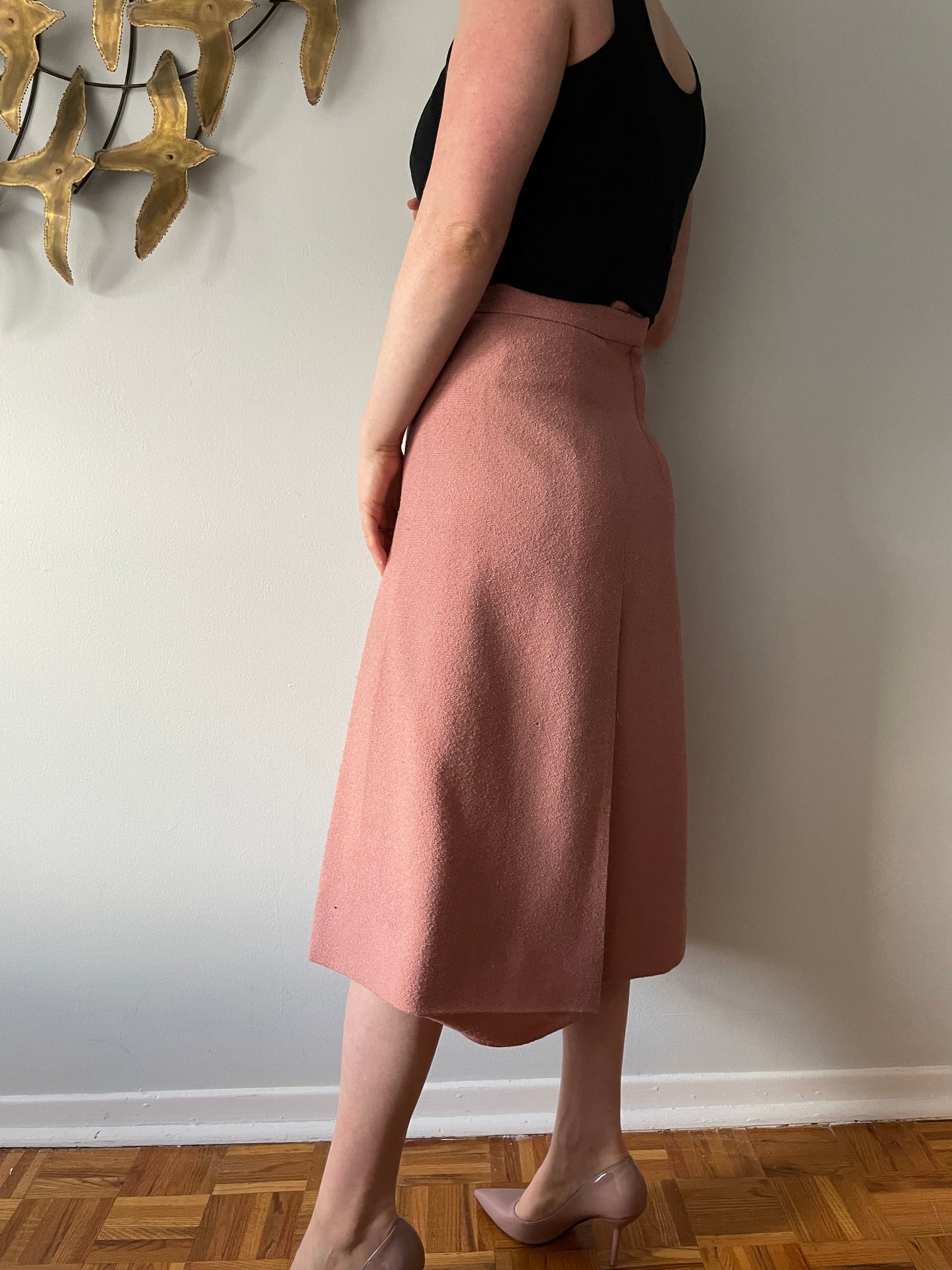 Vintage Soft Pink Woven A-Line Midi Skirt - Small