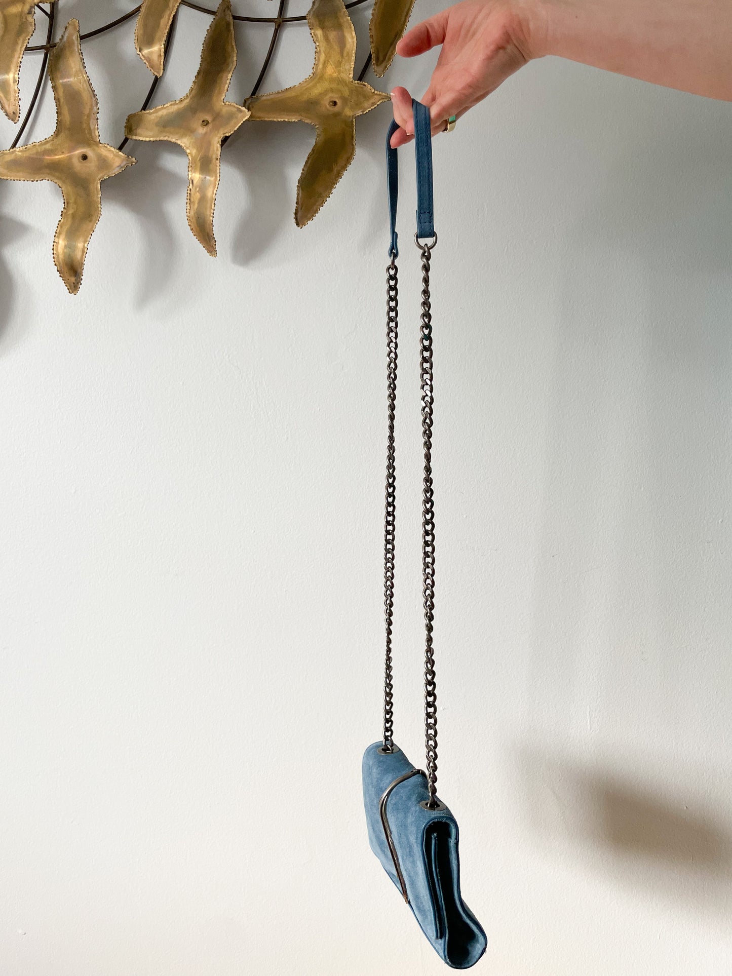 Zara Blue Genuine Suede Chain Feather Crossbody Shoulder Bag