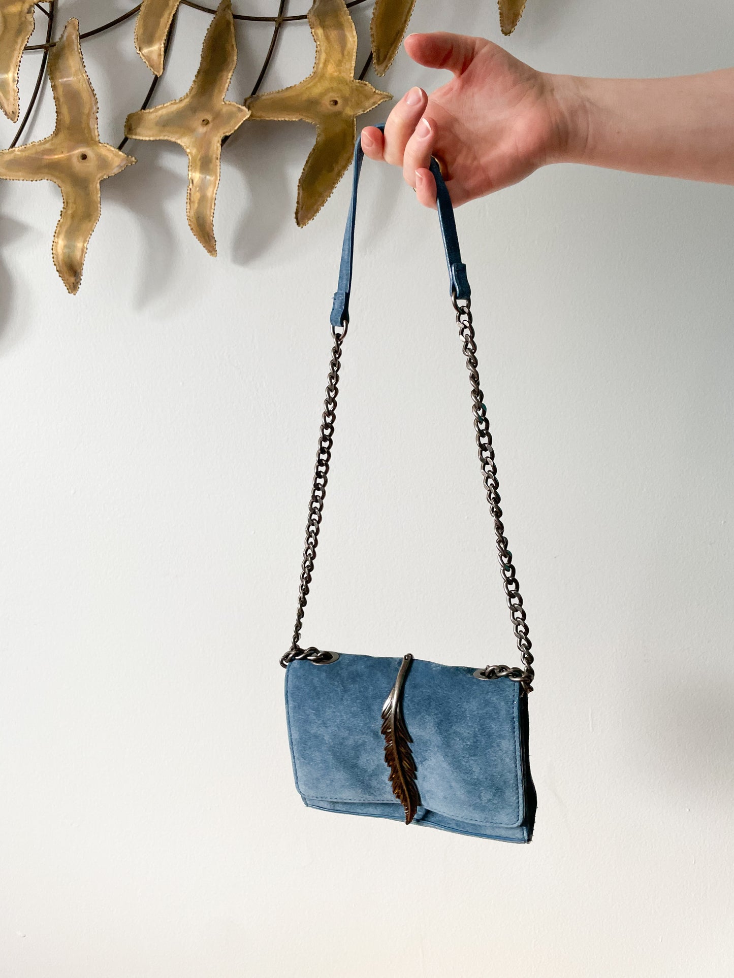 Zara Blue Genuine Suede Chain Feather Crossbody Shoulder Bag