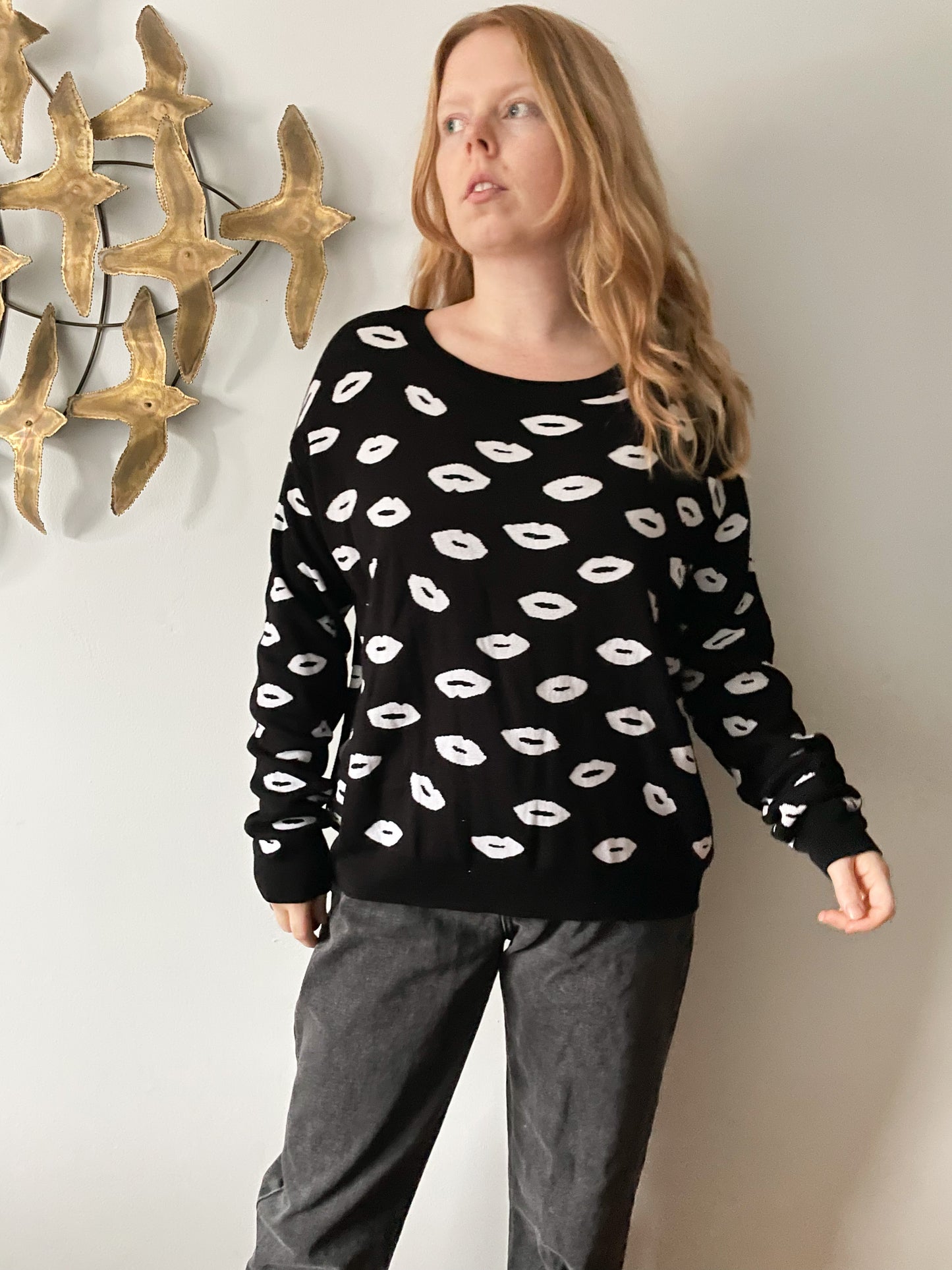 M Studio Black White Lip Graphic Print Crew Neck Sweater NWT - 2X