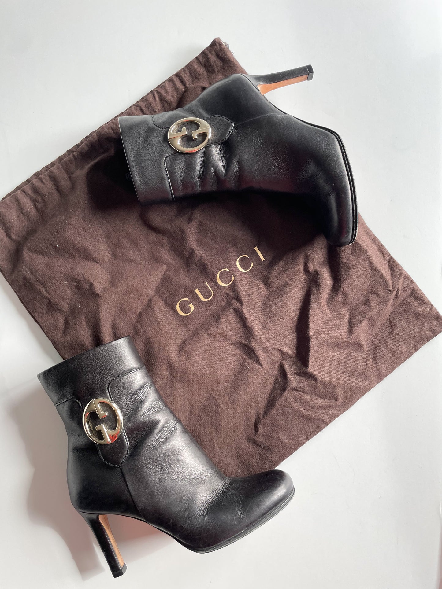 GUCCI Black Leather Ankle Boot Heel - Size 35
