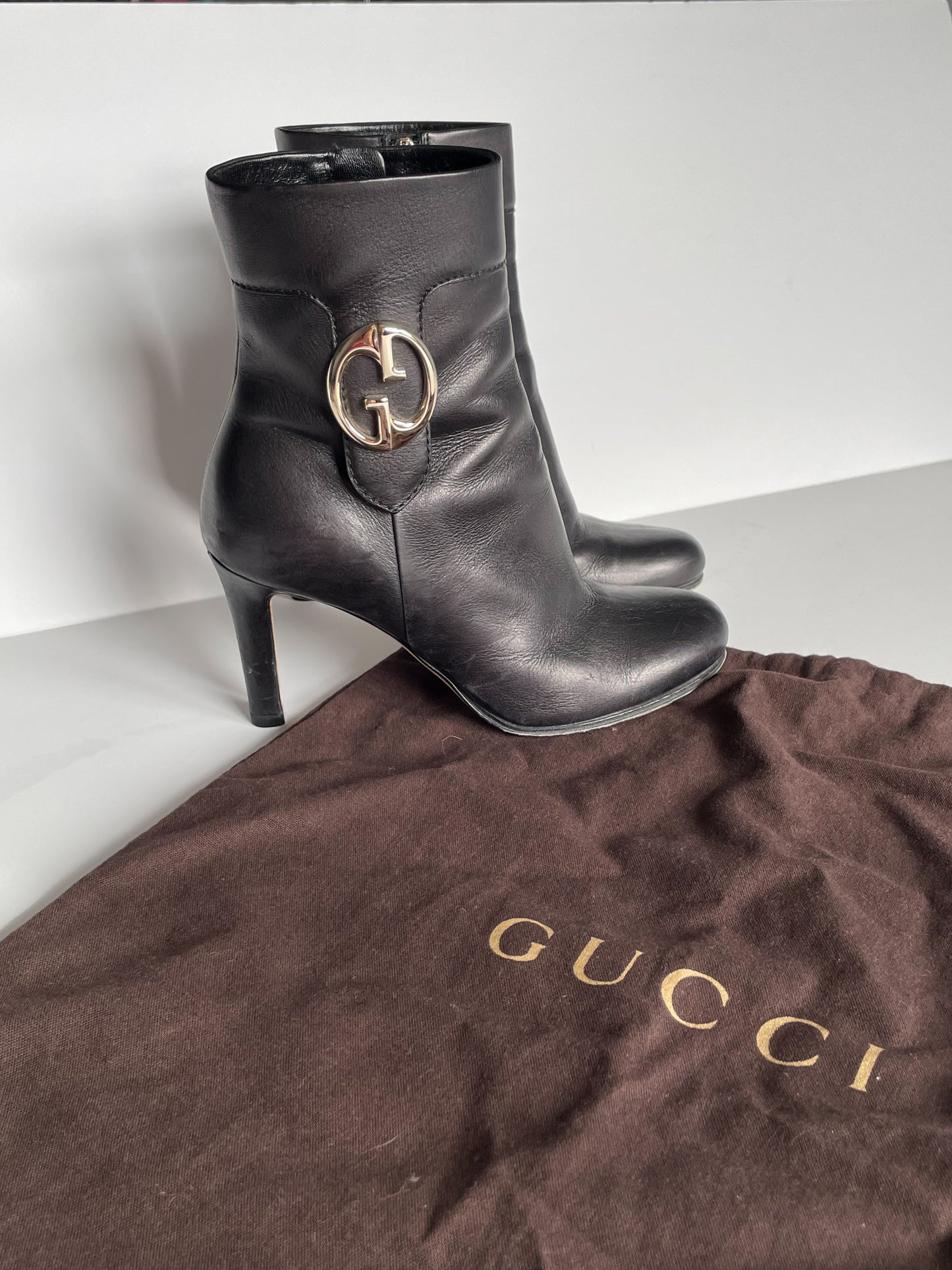 GUCCI Black Leather Ankle Boot Heel - Size 35