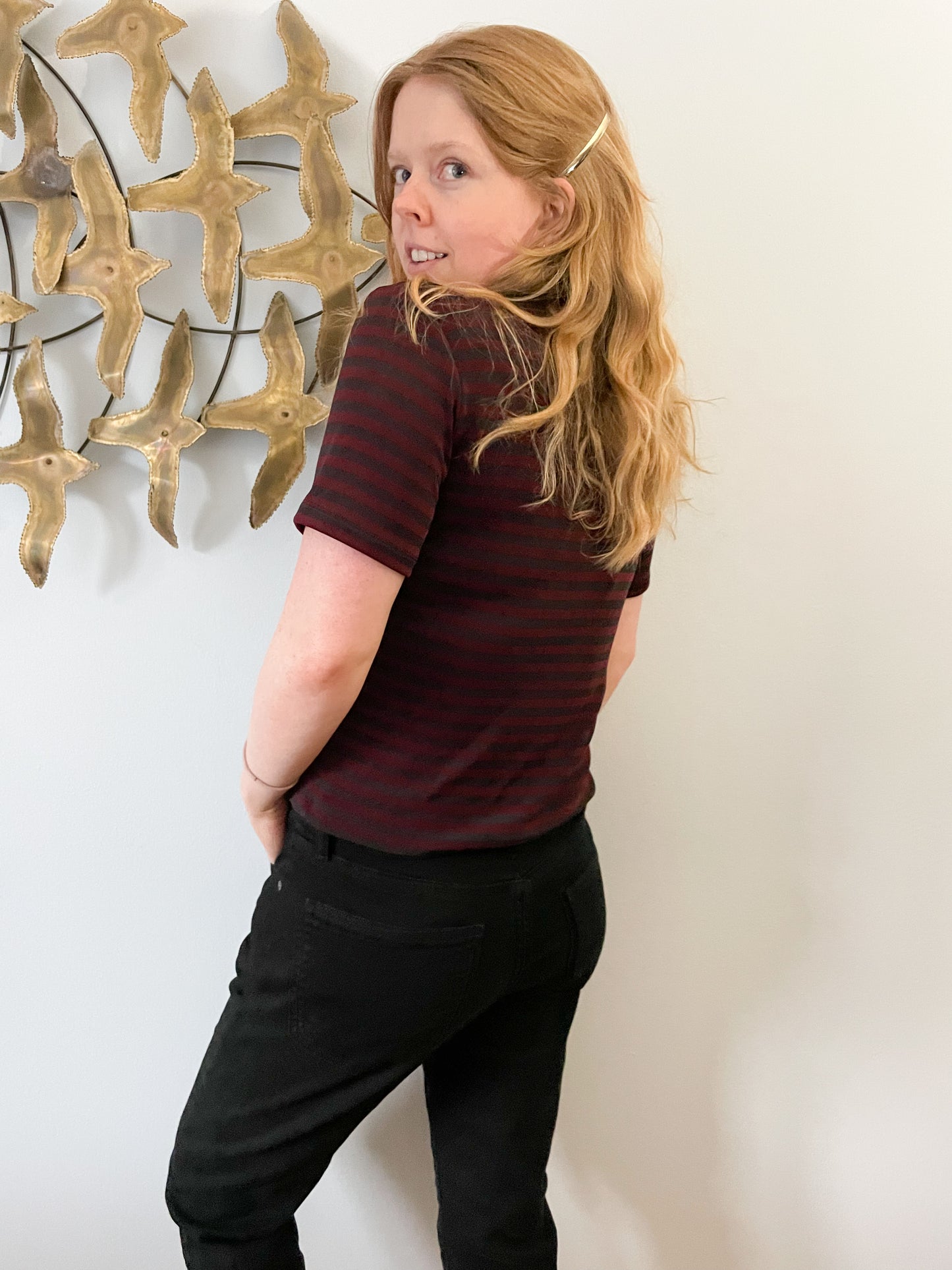 Vintage Kasper Wine Red Black Stripe Stretch Top - Size 10 Petite