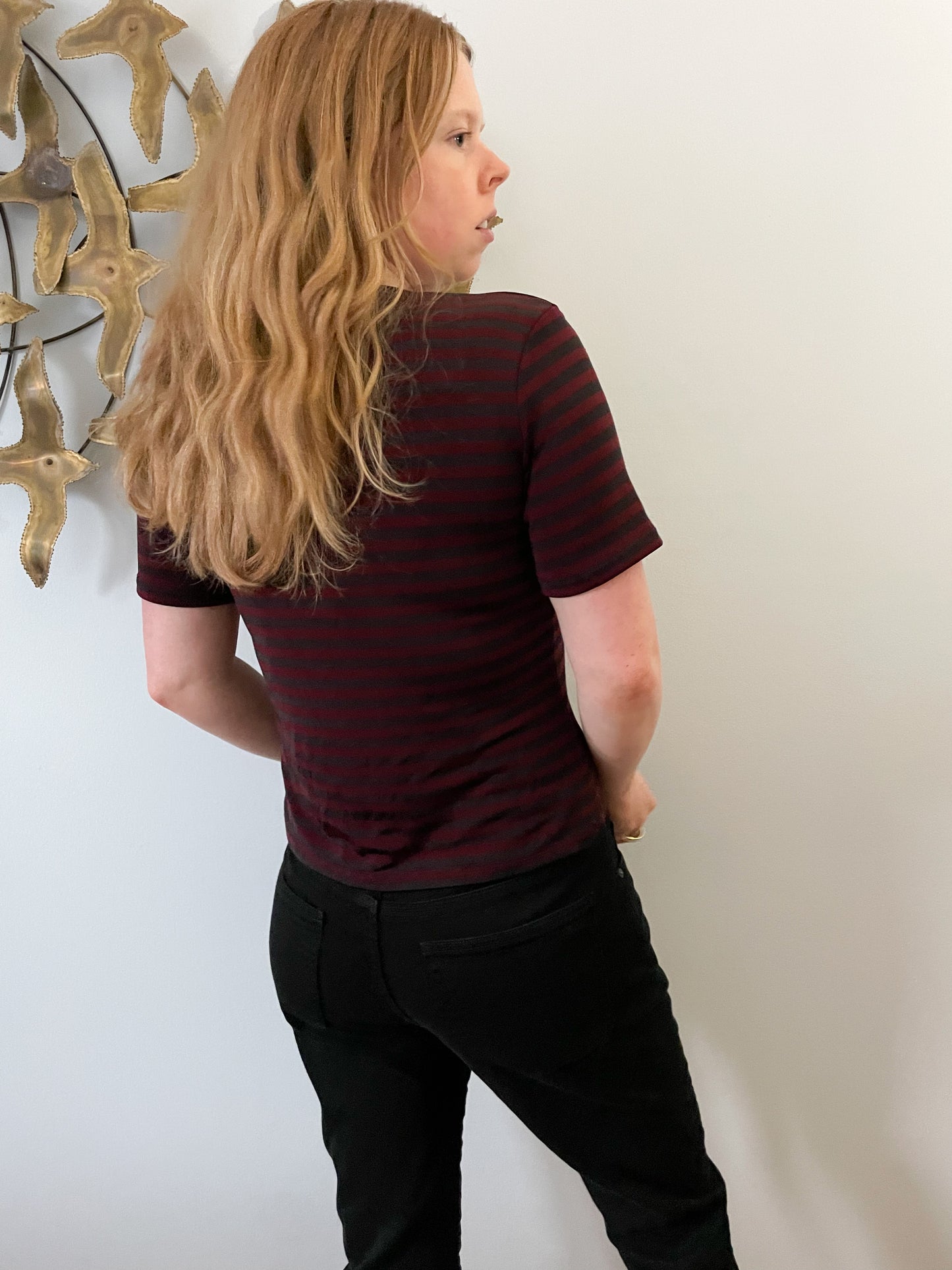 Vintage Kasper Wine Red Black Stripe Stretch Top - Size 10 Petite