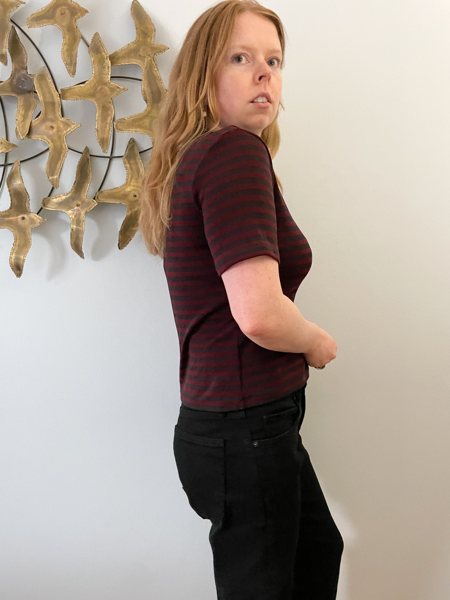 Vintage Kasper Wine Red Black Stripe Stretch Top - Size 10 Petite