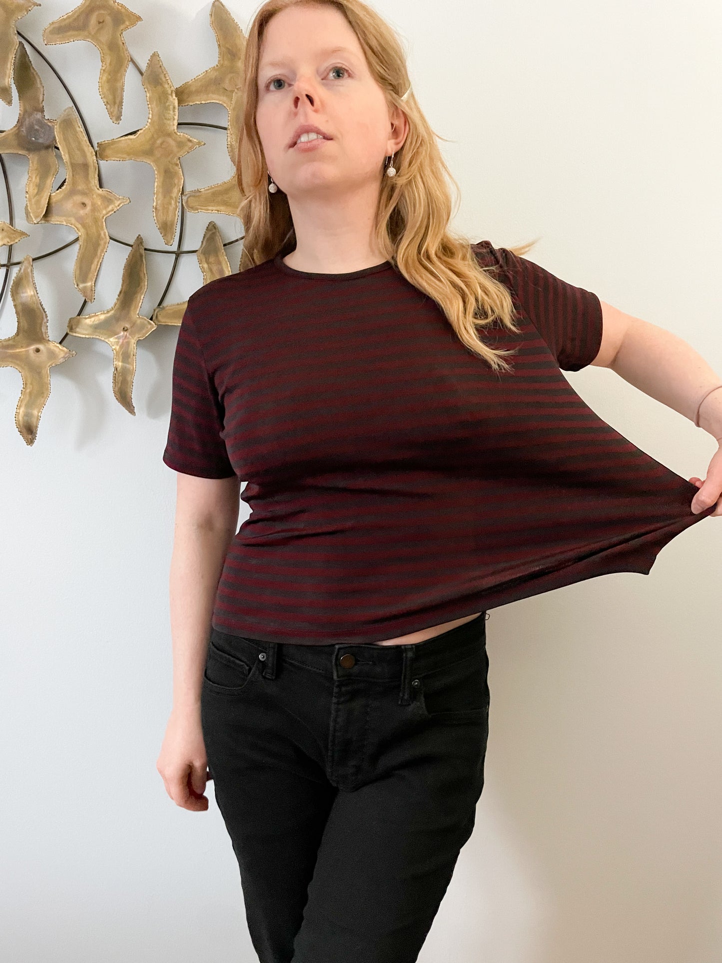 Vintage Kasper Wine Red Black Stripe Stretch Top - Size 10 Petite