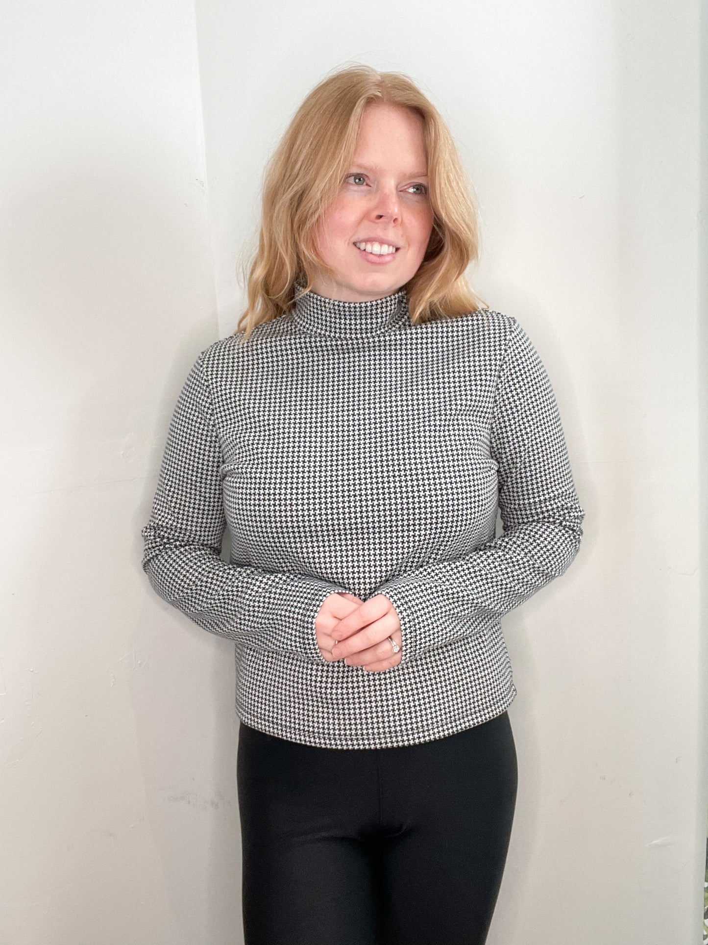 Black Mock Neck Mini Houndstooth Print Top - Medium