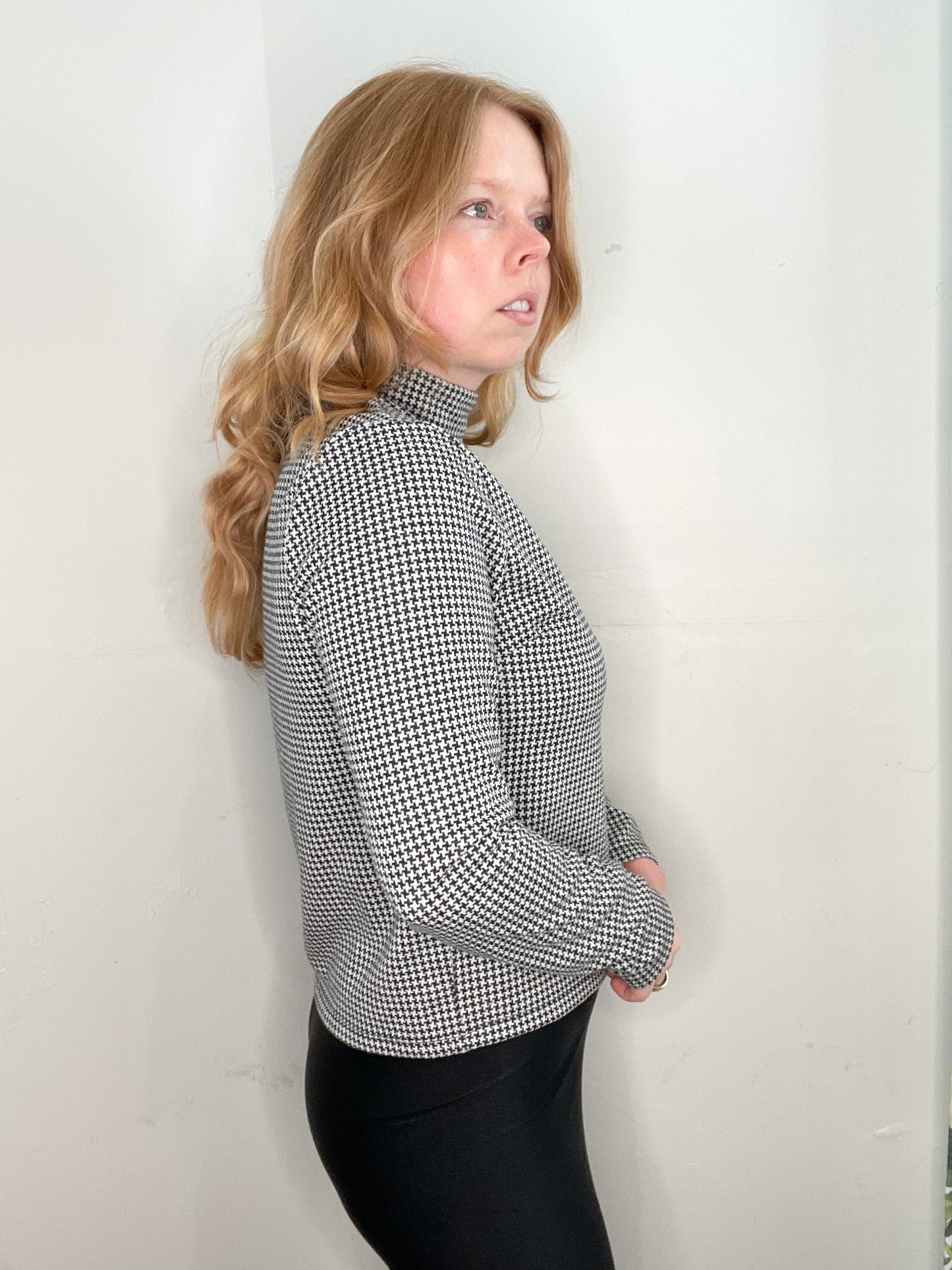 Black Mock Neck Mini Houndstooth Print Top - Medium
