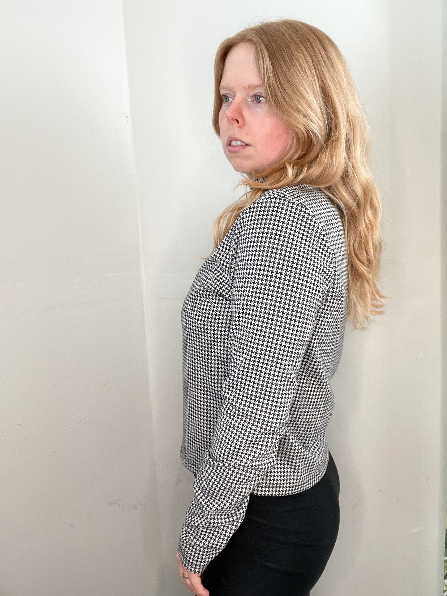 Black Mock Neck Mini Houndstooth Print Top - Medium